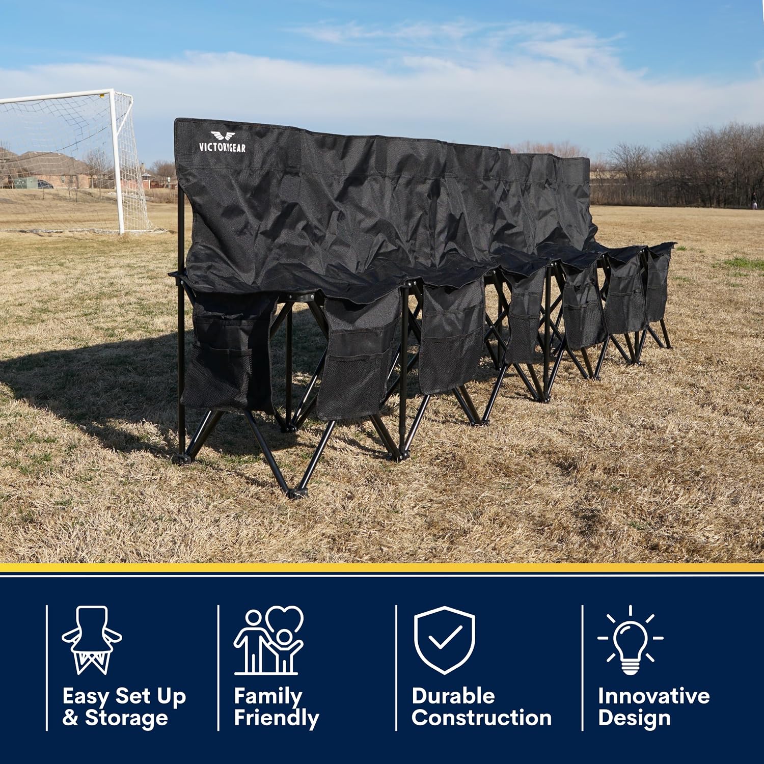 VictoryGear Portable Soccer Bench – 6 Seat Folding Team Chair with 8 Pockets & Carrying Bag – Lightweight Sideline Seating for Soccer, Baseball, Camping, Outdoor Events