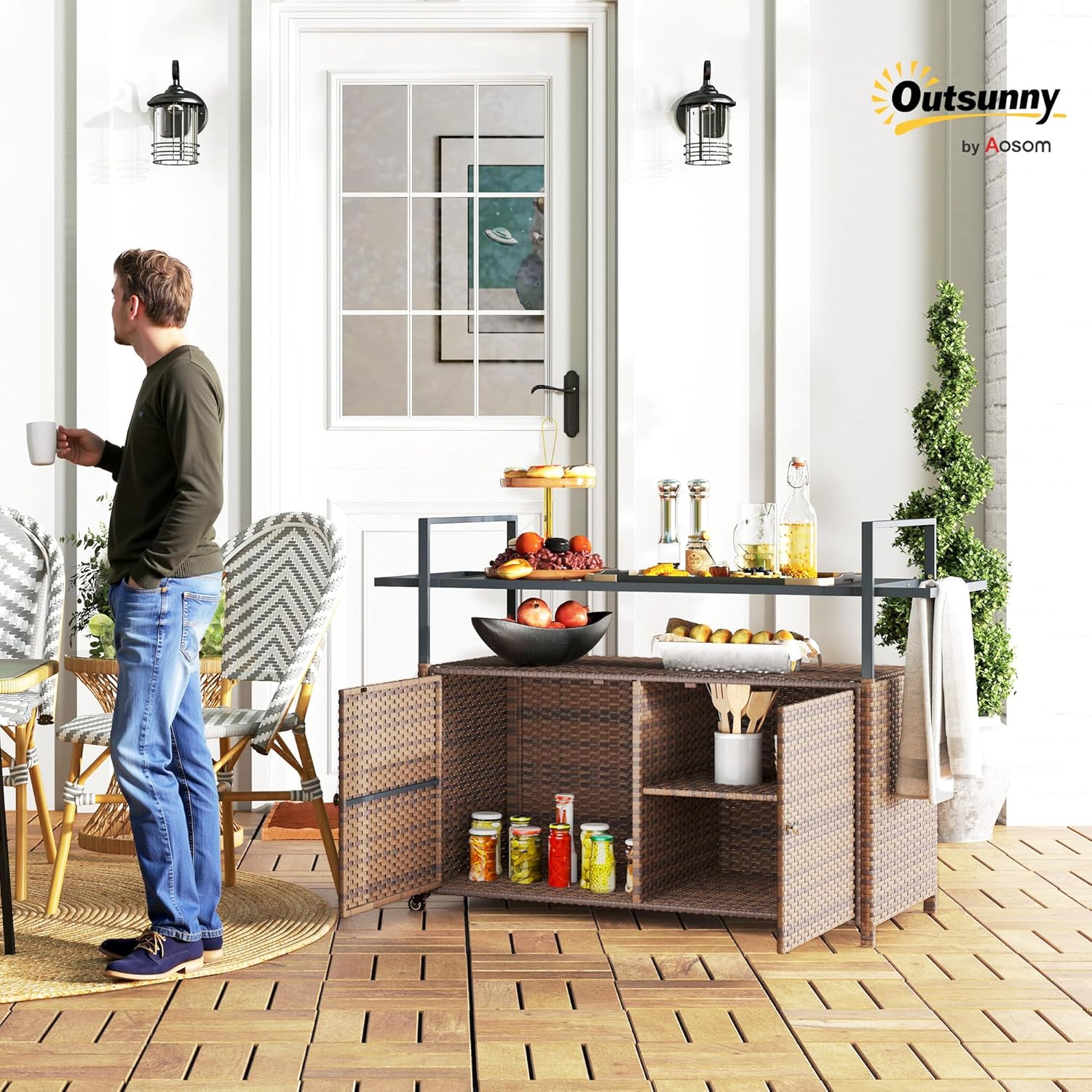 Outsunny PE Rattan Outdoor Storage Cabinet, Wicker Outdoor Bar Table Kitchen Island with Wheels & 2-Tier Shelf, Patio Serving Cart with Glass Top, Handles, Towel Racks for Poolside, Mixed Brown