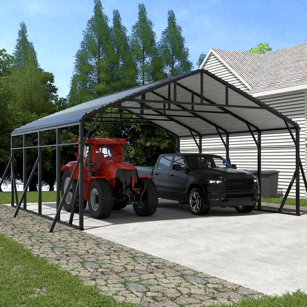 Xilingol Metal Carport, Heavy Duty Carport Canopy with Galvanized Steel Frame and Roof, Outdoor Storage Shed, Car Tent Garage Shelter for Pickup, Truck, Boat and Tractor (20x20 FT Black)