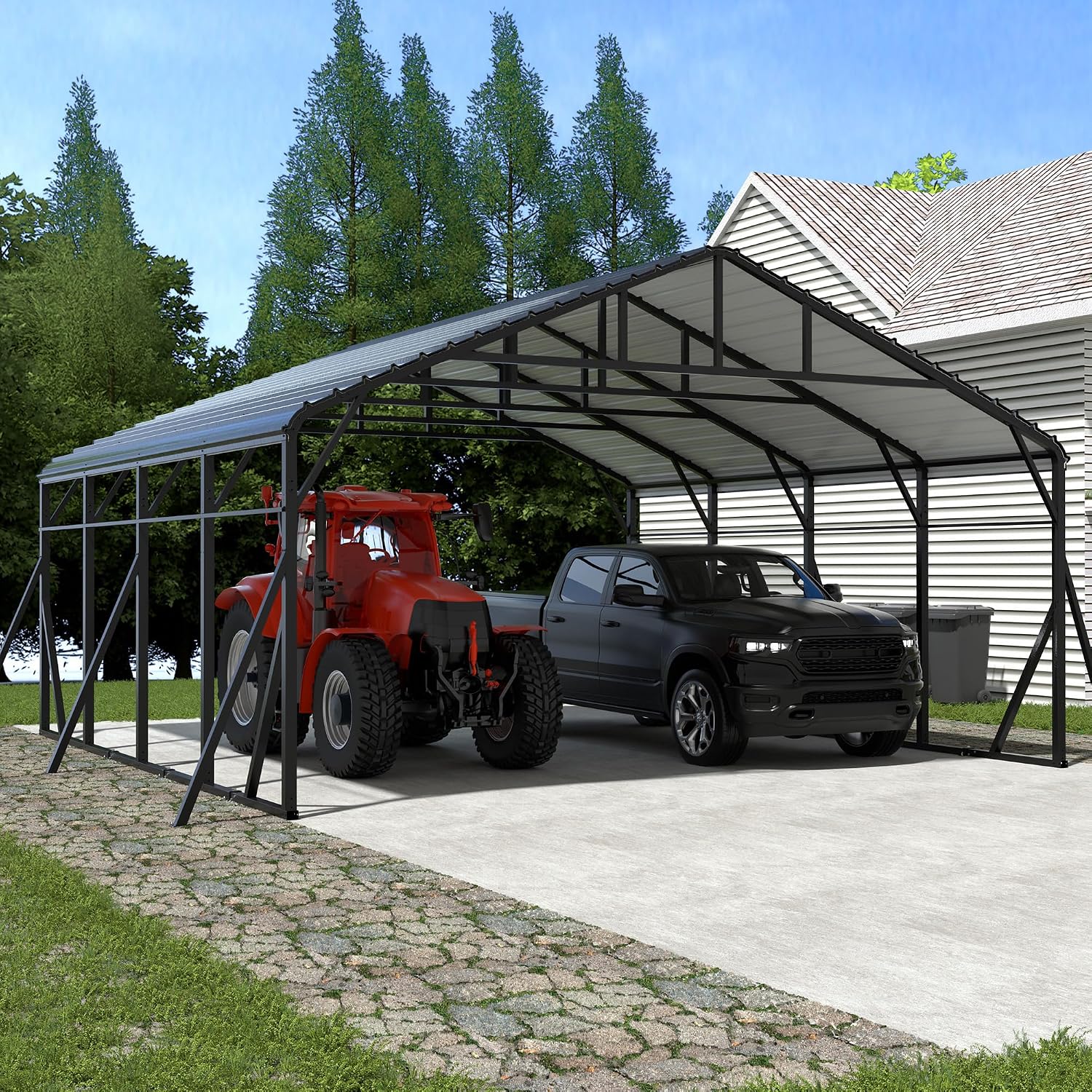 Xilingol Metal Carport, Heavy Duty Carport Canopy with Galvanized Steel Frame and Roof, Outdoor Storage Shed, Car Tent Garage Shelter for Pickup, Truck, Boat and Tractor (20x20 FT Black)