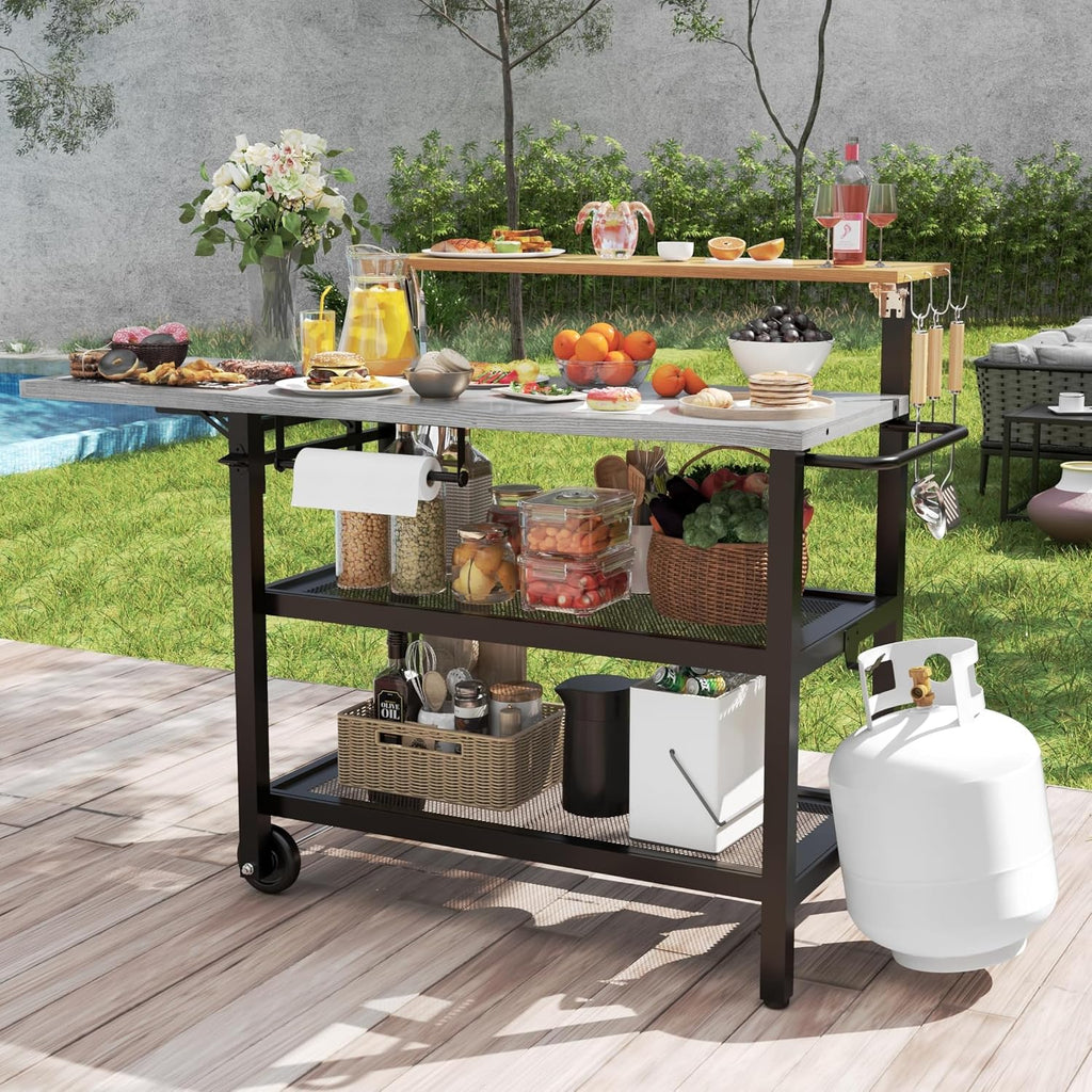 Sundale Outdoor Grill Table with 4-Tier Storage Shelves, Movable Outdoor Kitchen Island with Folding Side Shelf, 58.47' x 20.08' Stainless Steel Tabletop for Food Pre, Pizza Oven