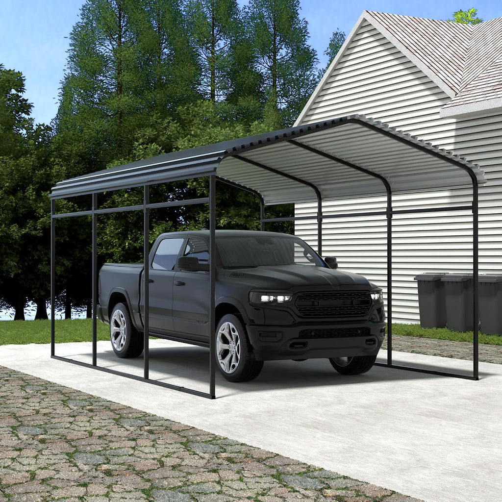 Xilingol Metal Carport, Heavy Duty Carport Canopy with Galvanized Steel Frame and Roof, Outdoor Storage Shed, Car Tent Garage Shelter for Pickup, Truck, Boat and Tractor (10x15 FT Black)