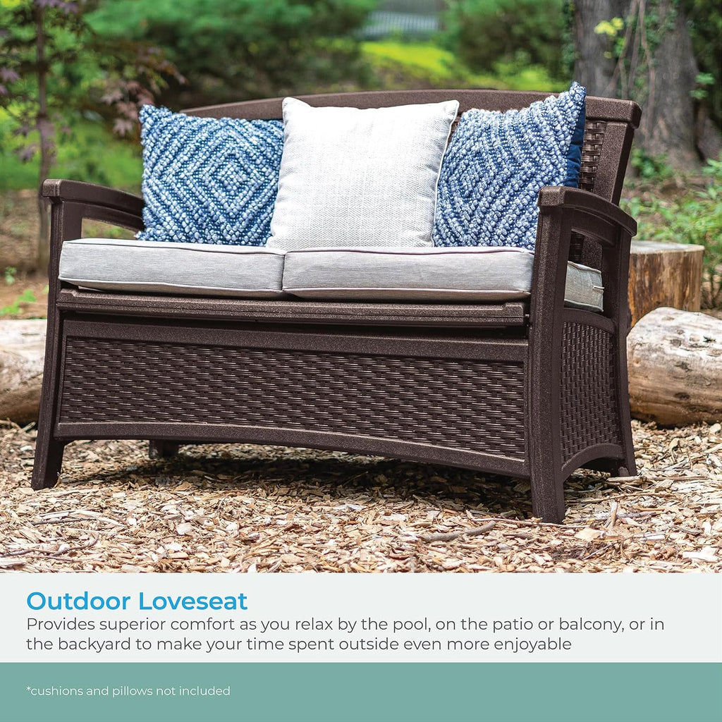 Suncast Outdoor Wicker Love Seat with 23-Gallon Storage, Comfortable Seating for Two, Ergonomic Back Support, All-Weather Furniture for Patio, Deck, and Garden, Java, Made in The USA