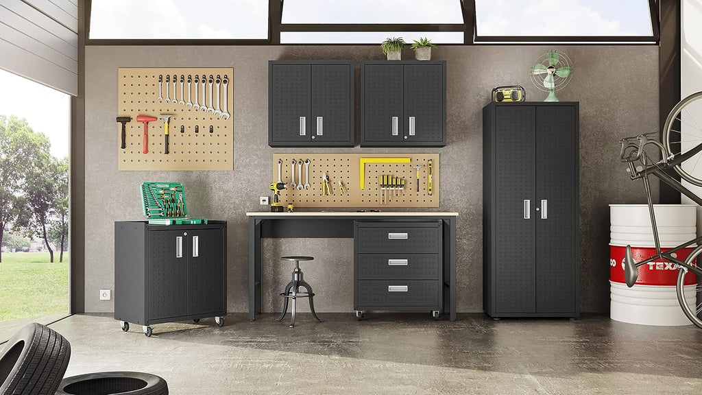 Manhattan Comfort Fortress Textured Metal 75.4' Garage Cabinet with 4 Adjustable Shelves in Charcoal Grey