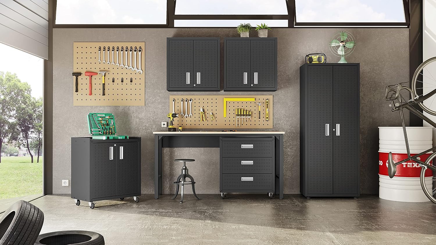 Manhattan Comfort Fortress Textured Metal 75.4' Garage Cabinet with 4 Adjustable Shelves in Charcoal Grey