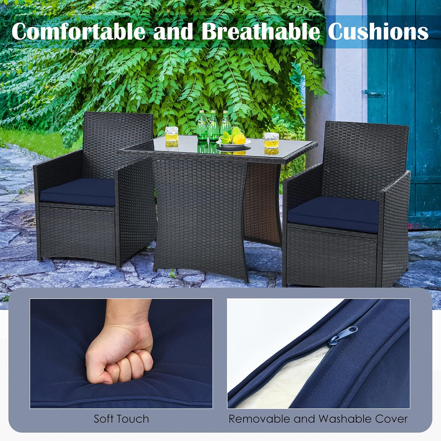 DORTALA Wicker Patio Bistro Set 3 Piece, Outdoor Table and Chairs with Tempered Glass Tabletop, Cushions, Small Rattan Furniture Conversation Sofa Set for Balcony, Porch, Backyard, Deck, Navy