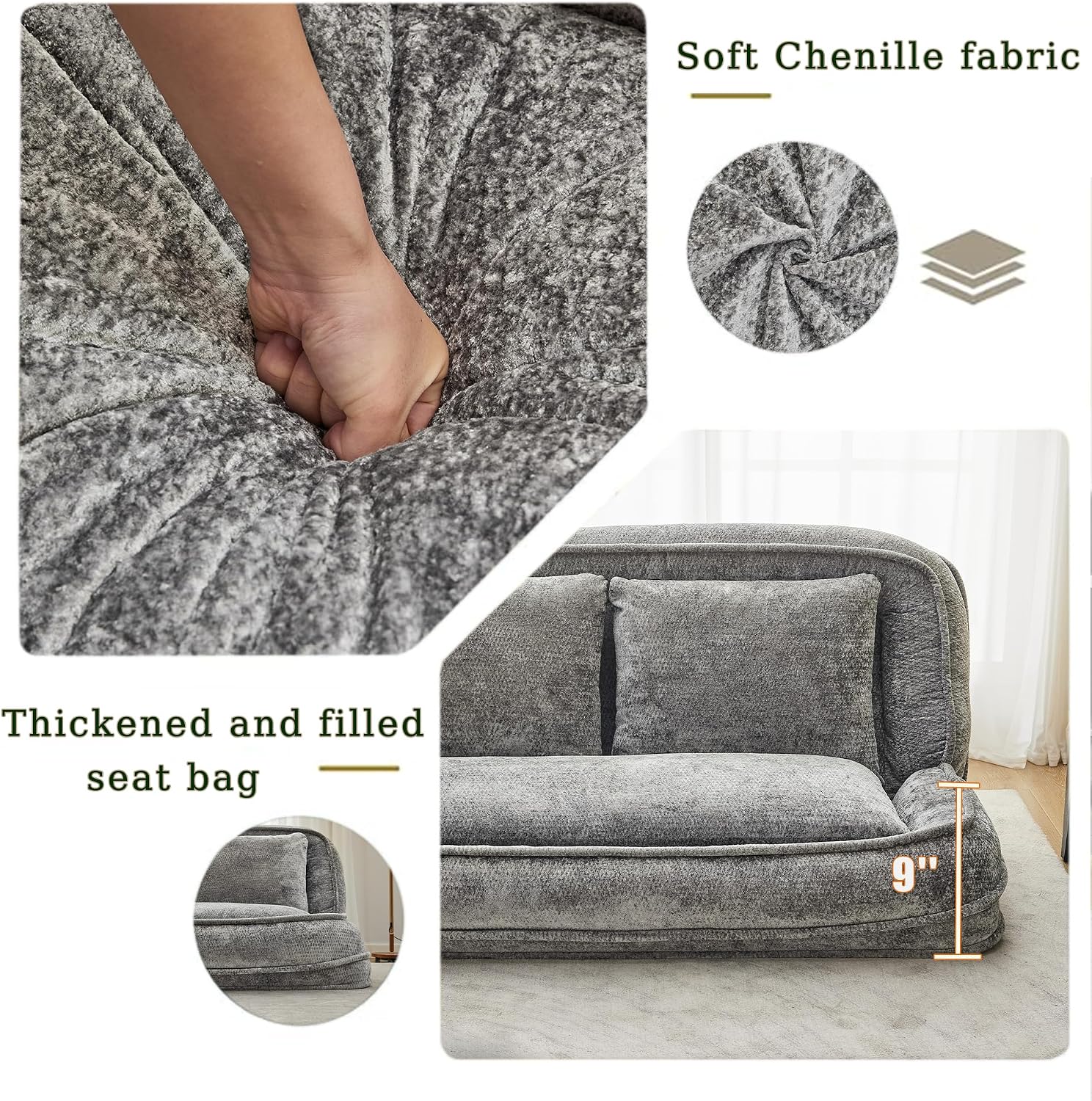 Floor Chair with Back Support, Human Dog Bed, Folding Loveseat with 5 Adjustable Position, 2 Pillows, Chenille Meditation Gaming Chair for Lazy Boys, Living Room, Lounge, Bedroom, Light Grey