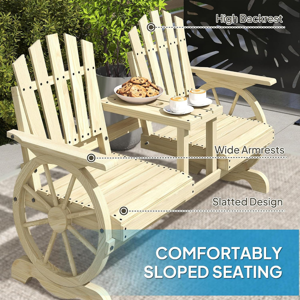 Outsunny Wooden Garden Bench with Table, Umbrella Hole, 2-Seater Wagon Wheel Outdoor Bench with Slatted Seat, High Backrest, Armrests for Backyard, Patio, Garden, Natural Wood