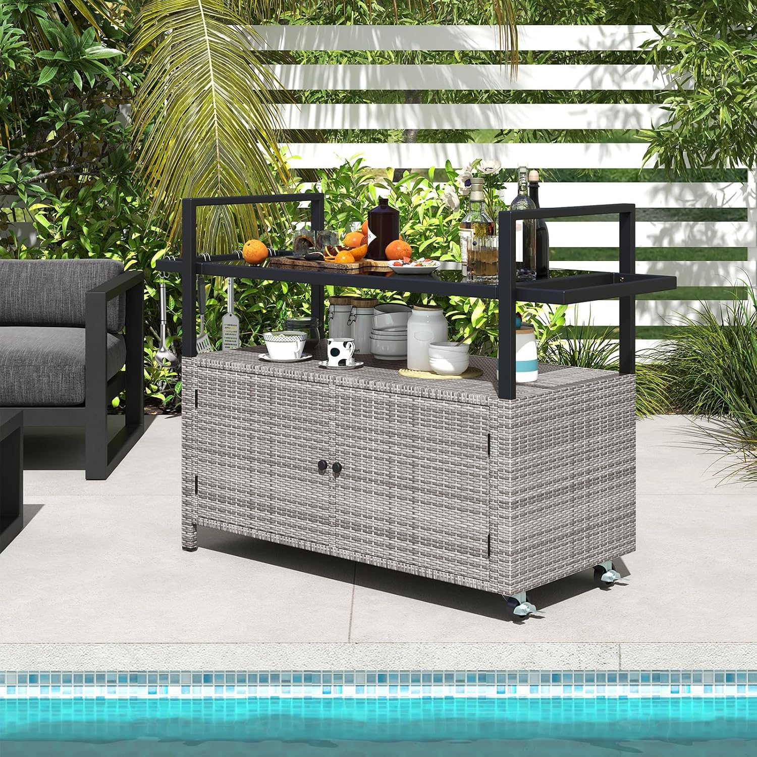 Tangkula Outdoor Bar Cart, Patiojoy Rolling Wicker Buffet Serving Cart with Tempered Glass Top, Storage Cabinet & 8 Hooks, Kitchen Island Cart on Wheels for Porch Backyard Garden Poolside (Mix Grey)