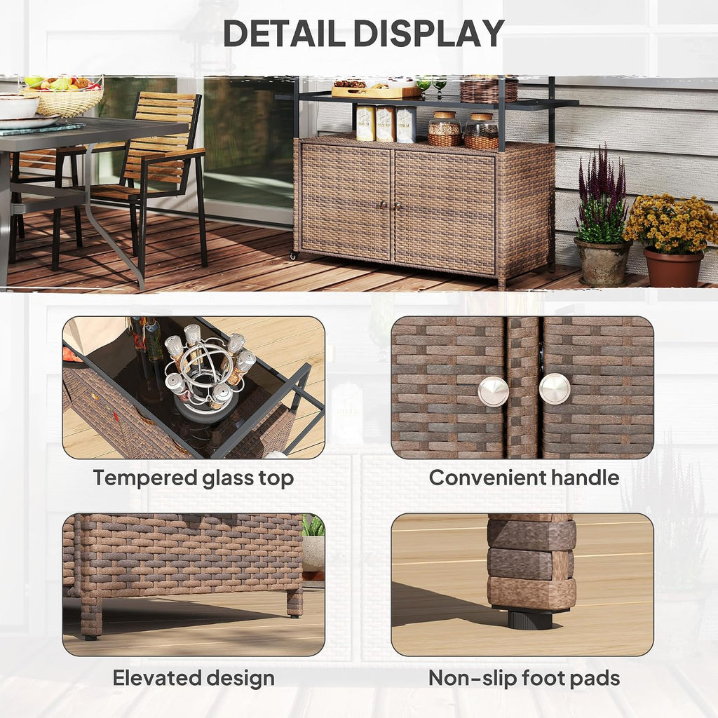 Outsunny PE Rattan Outdoor Storage Cabinet, Wicker Outdoor Bar Table Kitchen Island with Wheels & 2-Tier Shelf, Patio Serving Cart with Glass Top, Handles, Towel Racks for Poolside, Mixed Brown
