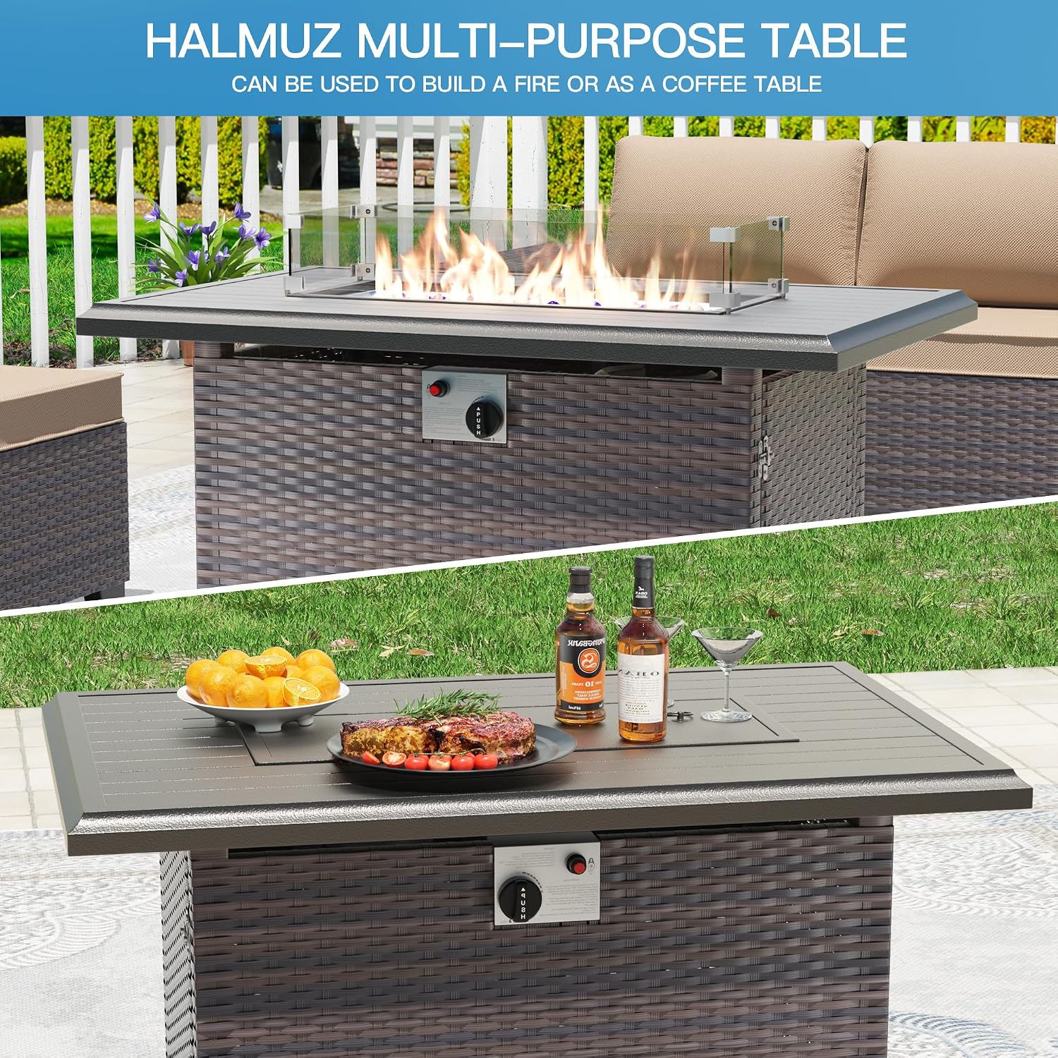 7 Pieces Outdoor Patio Furniture Set with 43'/55000BTU Gas Fire Pit Table,PE Rattan Wicker Outdoor Conversation Sofa Set Non-Slip Cushions Waterproof Covers for Backyard,Poolside,Garden,Sand