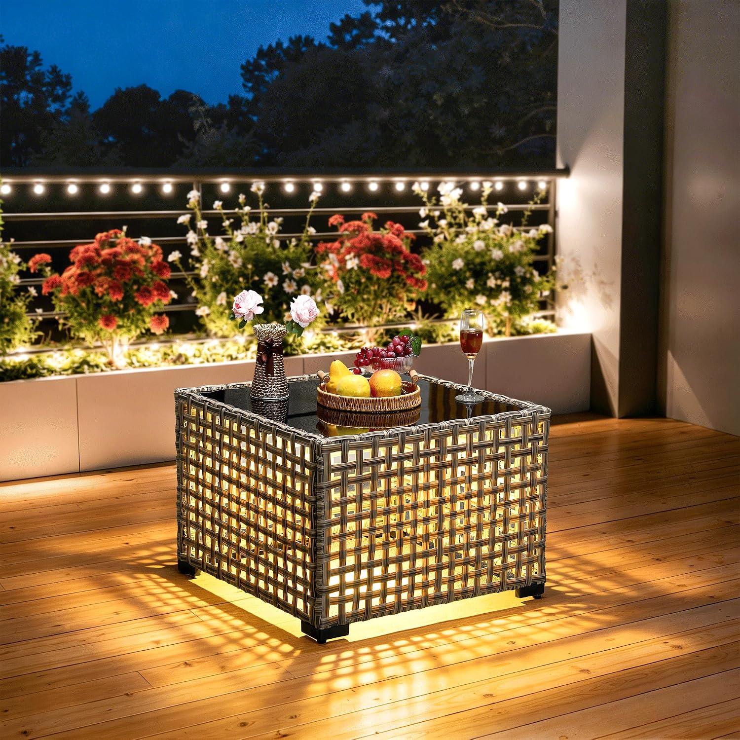 ovios Outdoor Side Table with Tempered Glass Top, Patio Wicker Rattan Solar Lights Tables for All-Weather Porch Deck Balcony Garden Poolside (Mixed Brown-Medium Size)