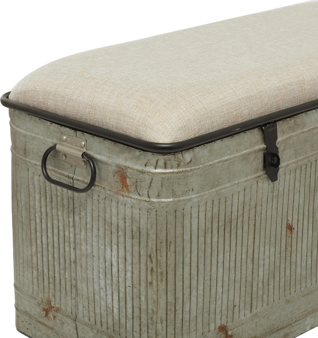 Deco 79 Metal Room Storage Bench Galvanized Entryway Bench with Cream Burlap Top and Black Latches, Bench 38' x 16' x 19', Gray