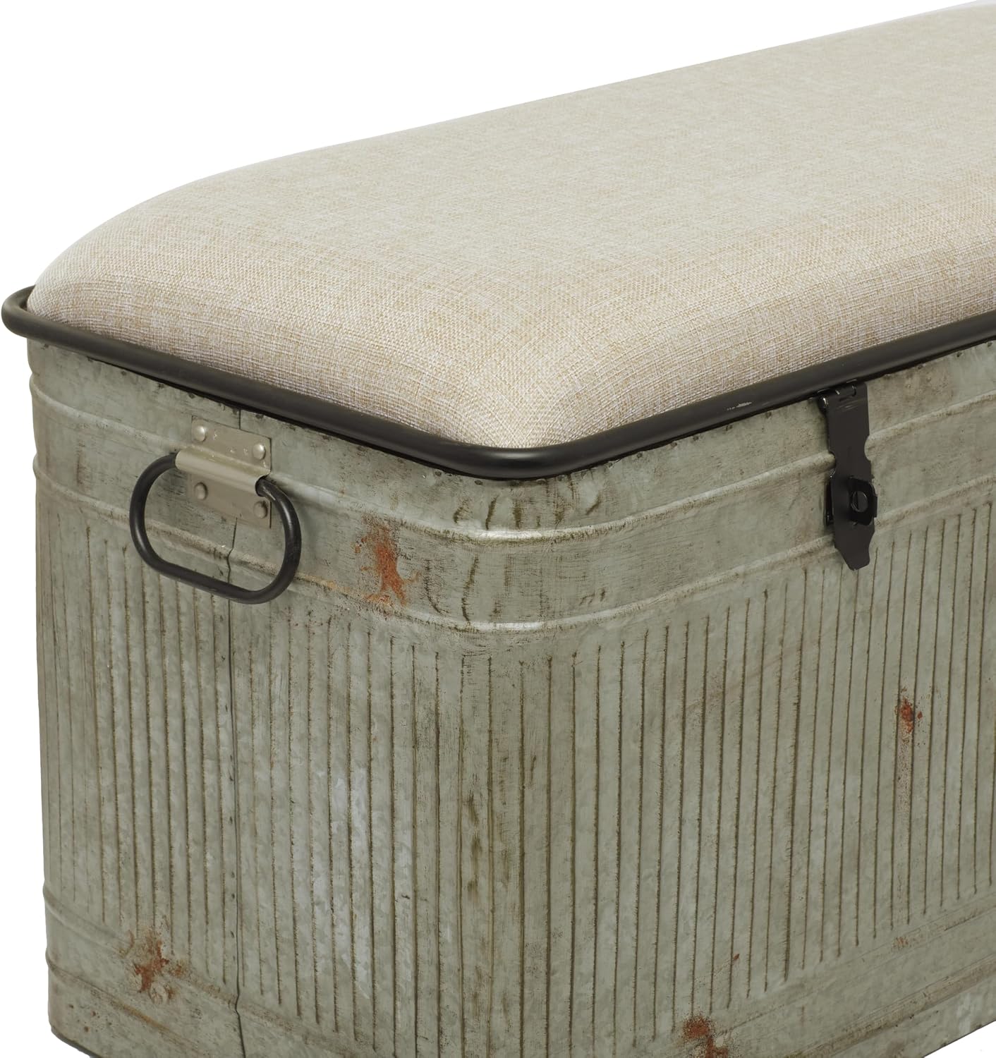 Deco 79 Metal Room Storage Bench Galvanized Entryway Bench with Cream Burlap Top and Black Latches, Bench 38' x 16' x 19', Gray