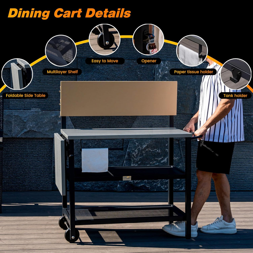 Sundale Outdoor Grill Table with 4-Tier Storage Shelves, Movable Outdoor Kitchen Island with Folding Side Shelf, 58.47' x 20.08' Stainless Steel Tabletop for Food Pre, Pizza Oven