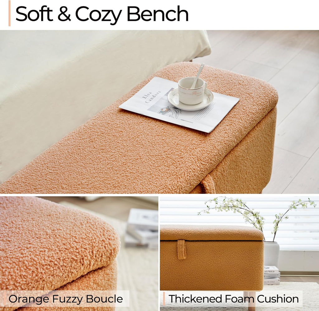 Storage Ottoman Bench for Bedroom End of Bed, Boucle Upholstered Padded Storage Bench for Entryway Bed Foot Entryway, Sherpa Rectangle Cushion Shoe Seat Blanket Chest Cute for Living Room, Orange
