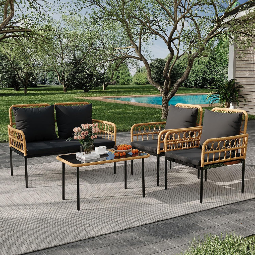 4 Pieces Outdoor Patio Furniture Set with Table - Rattan Balcony Furniture for Porch or Deck, Includes Chaise Lounge, 2 Armchairs with Cushions and Pillows for Porch Backyard Lawn Poolside Deck, Black