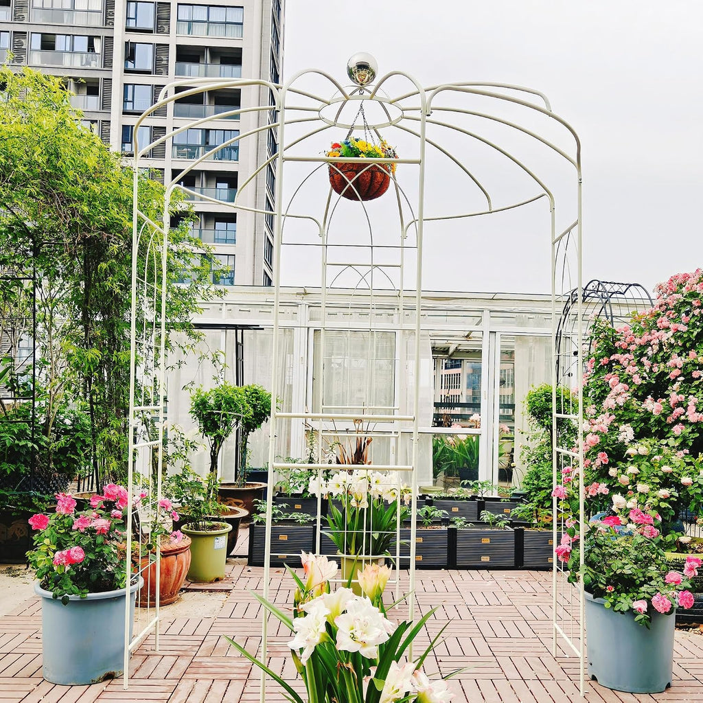 Metal Garden Arch Birdcage Pergola, 6.8ft Diameter x 9.5ft High Outdoor Iron Garden Arbor for Wedding Ceremony, Yard, Patio, Gazebo Pavilion (Cream White)