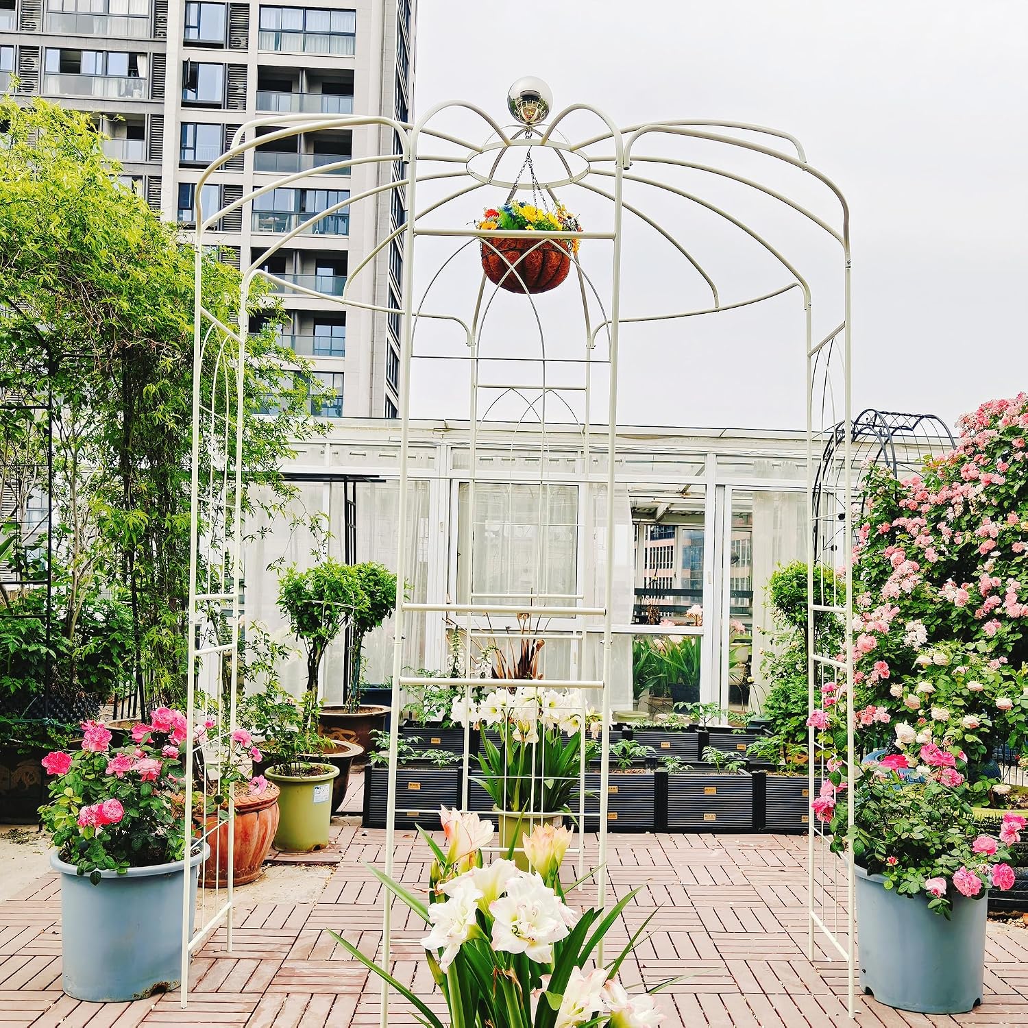 Metal Garden Arch Birdcage Pergola, 6.8ft Diameter x 9.5ft High Outdoor Iron Garden Arbor for Wedding Ceremony, Yard, Patio, Gazebo Pavilion (Cream White)