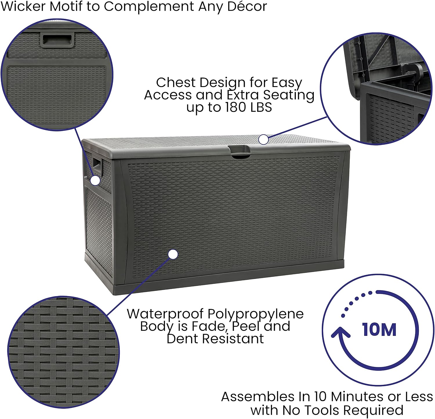 Flash Furniture 120 Gallon Plastic Deck Box - All-Weather Patio Storage and Organization for Throw Pillows, Pool Toys or Garden Tools