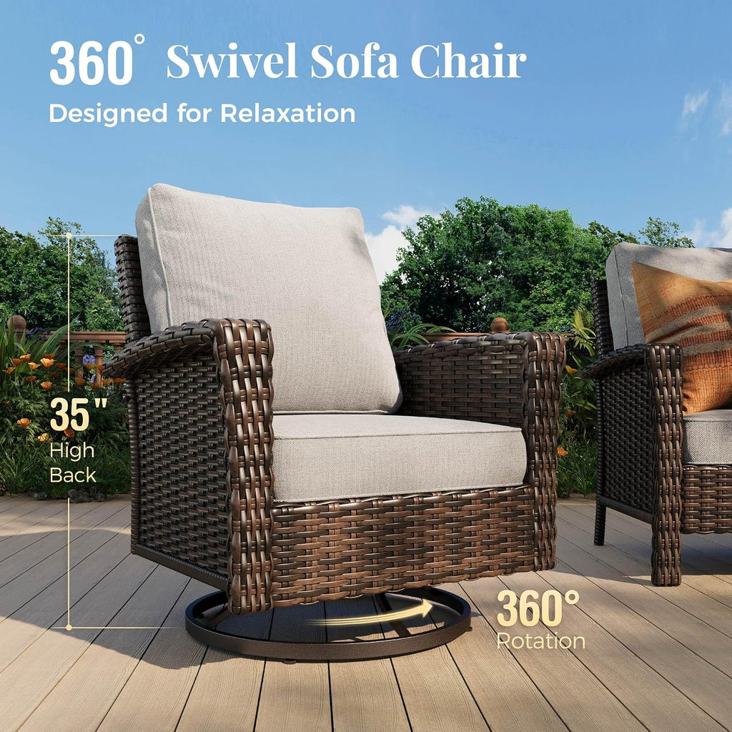 MIXPATIO Swivel Patio Wicker Chairs Set of 2, High Back Outdoor Swivel Patio Rattan Chairs with 5.5' Thick Cushions for Bistro Balcony Porch Deck and Yard, Light Grey
