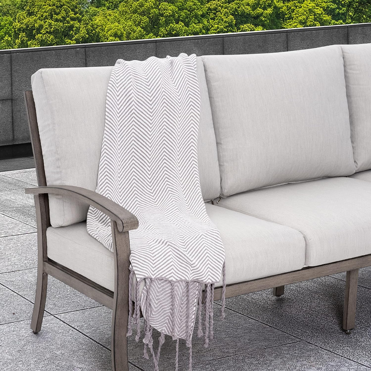 HAPPATIO 7 Piece Aluminum Patio Furniture Set, 3-Seat Outdoor Loveseat, Outdoor Sectional Sofa with Ottomans and Coffee Table, Garden Conversation Set with Swivel Armchairs for Lawn (Gray)