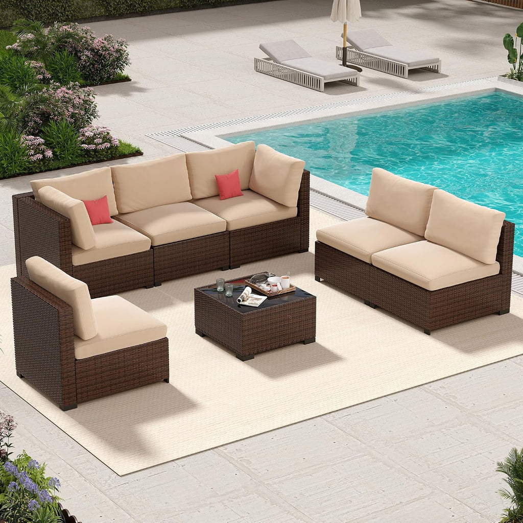 LHBcraft 7 Piece Patio Outdoor Furniture Set, Outdoor Sectional, All-Weather Manual Weaving PE Rattan Wicker Patio Sectional Sofa, Rattan Outside Furniture with Beige Cushion and Glass Table