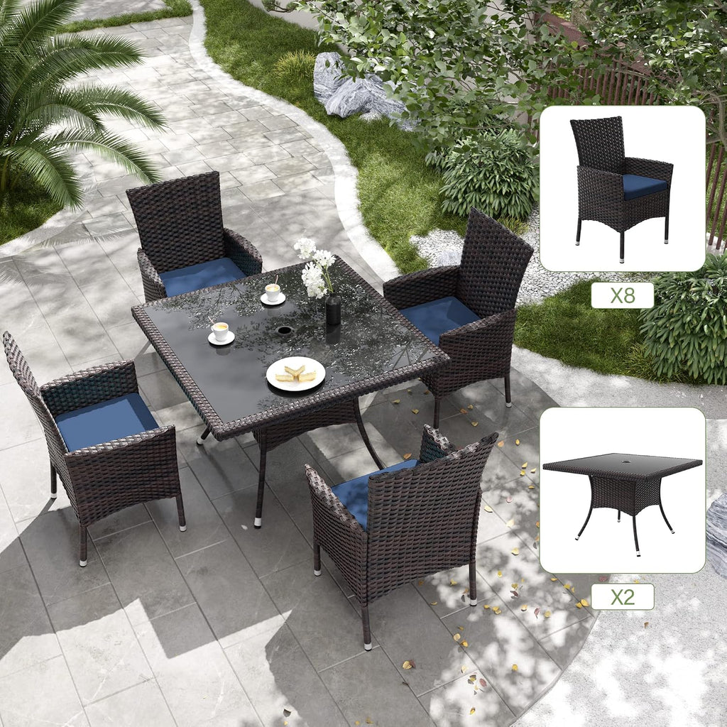 Kurapika 10-Piece Patio Furniture Outdoor Dining Set, Wicker Rattan Patio Dining Table and Chairs Set, Square Tempered Glass Tabletop with Umbrella Hole and 8 Chair Set, for Patio, Backyard, Navy Blue