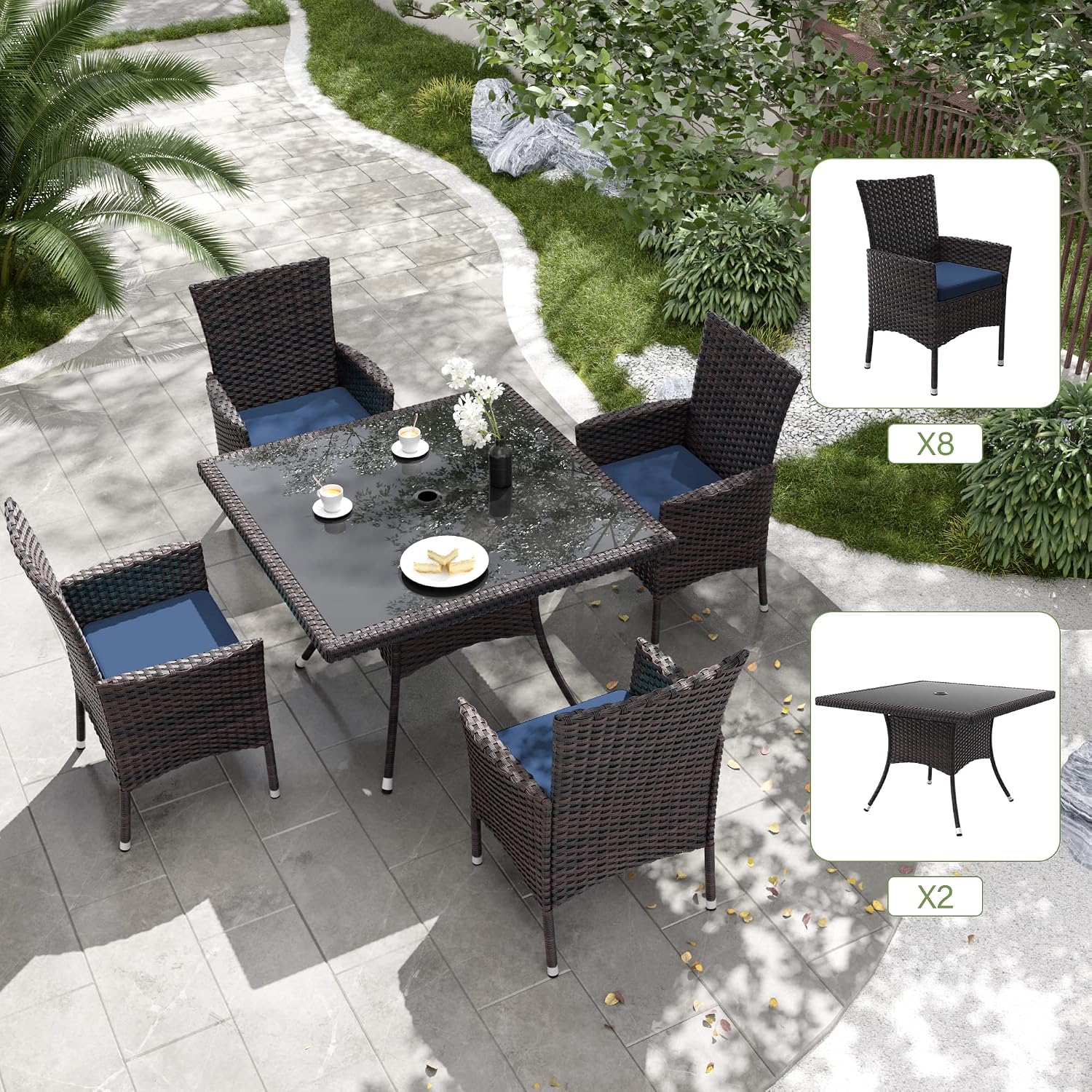 Kurapika 10-Piece Patio Furniture Outdoor Dining Set, Wicker Rattan Patio Dining Table and Chairs Set, Square Tempered Glass Tabletop with Umbrella Hole and 8 Chair Set, for Patio, Backyard, Navy Blue