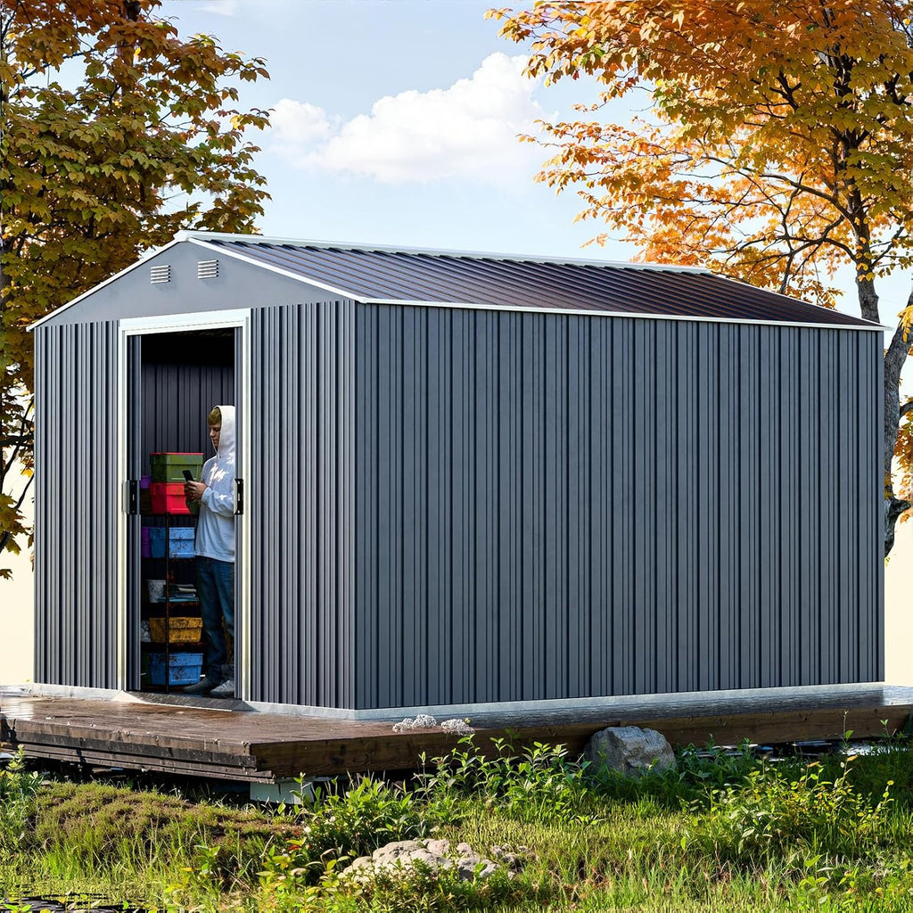 10x8 FT Outdoor Storage Shed, Large Garden Tool Metal Sheds with Sloping Roof and Lockable Door, Outdoor Storage Shed for Backyard Garden Patio Lawn, Grey