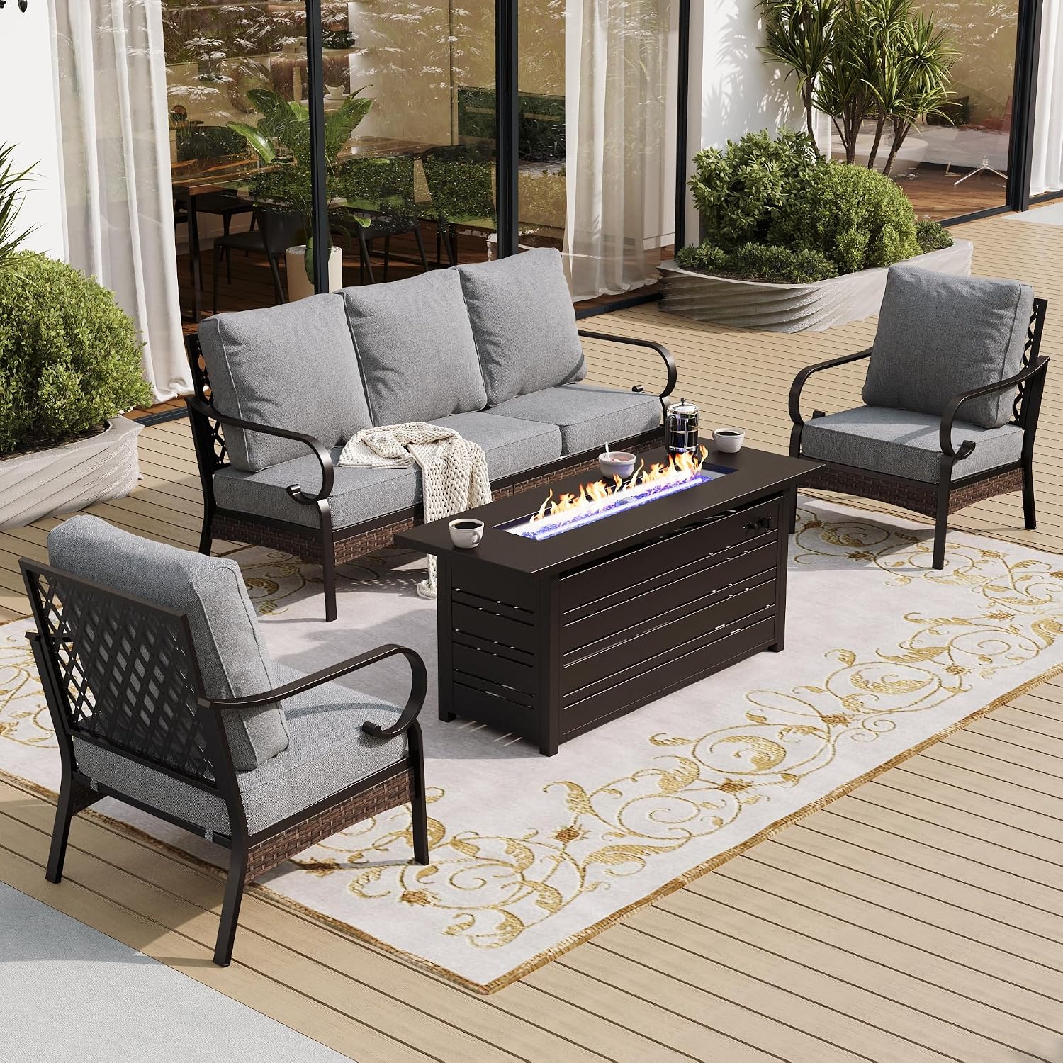 SUNSHINE VALLEY 4 Piece Black Metal Outdoor Patio Furniture Sets with Firepit Table, Patio Conversation Sets 1 3-Seater Sofa, 2 Single Sofa with 5.75' Thick Cushion Backyard Furniture for Deck, Gray