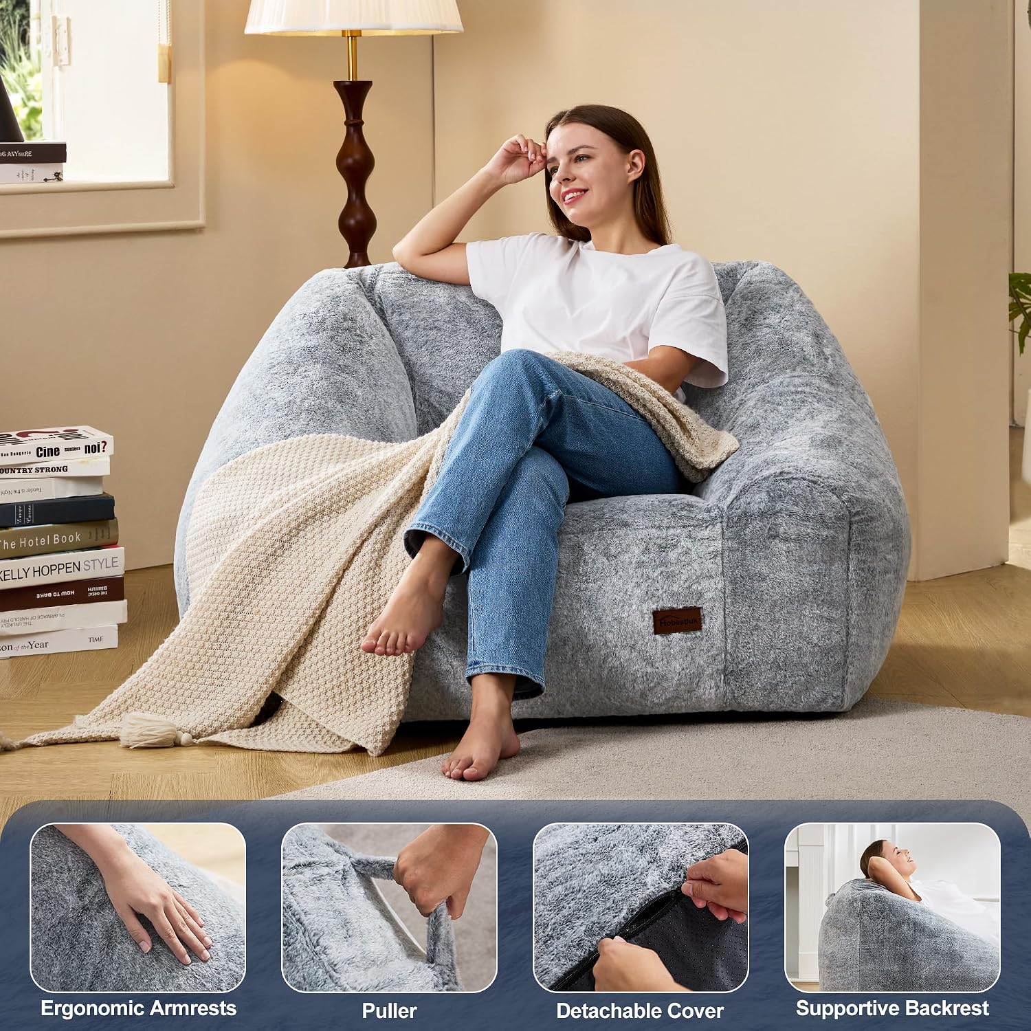 Hobestluk Giant Bean Bag Chair Memory Foam Filled Sofa Chair Bean Bag for Adults/Teens/Kids, Oversized Lazy Accent Comfy Stuffed BeanBag Sofa for Living Room Bedroom Dorm Reading(Dark Grey)