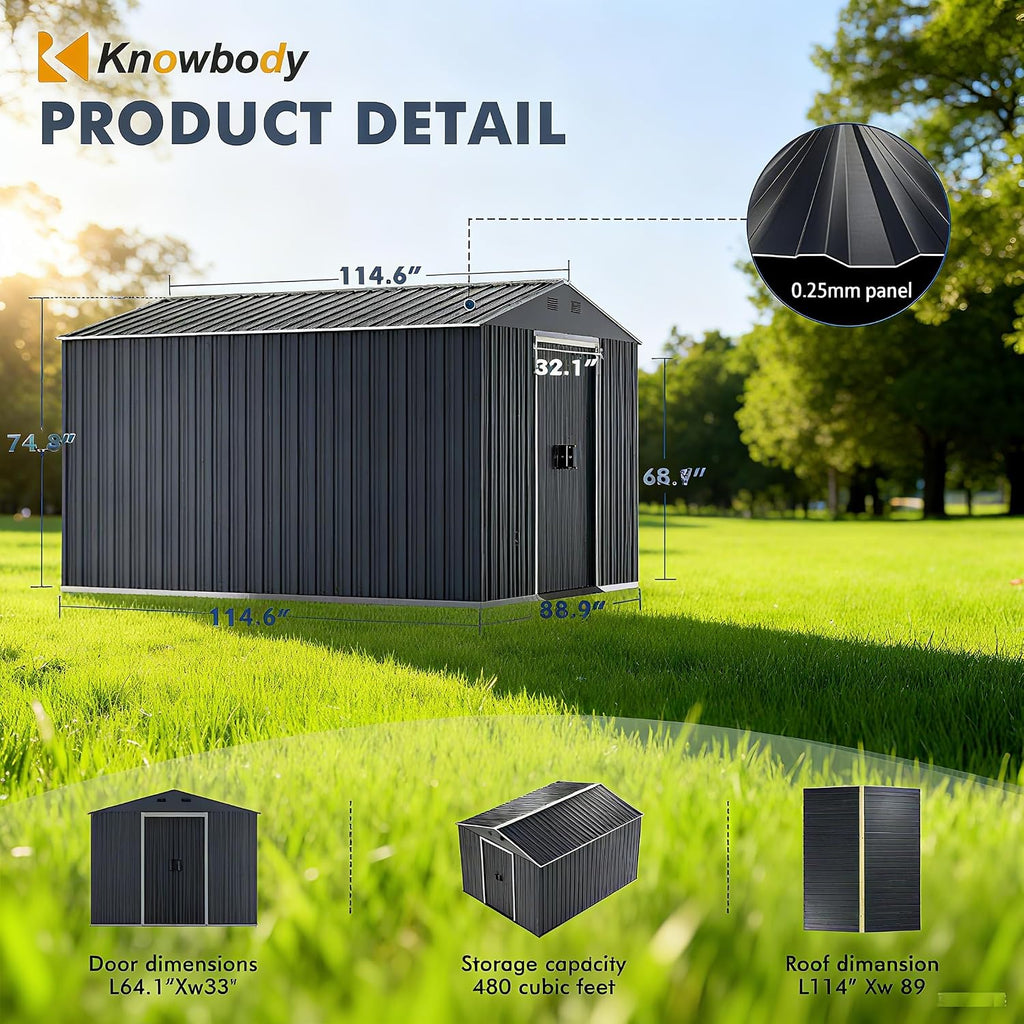 10x8 FT Metal Outdoor Storage Shed, Large Garden Tool Metal Sheds with Sloping Roof and Lockable Door, Outdoor Storage Shed for Backyard Garden Patio Lawn Deck, Grey