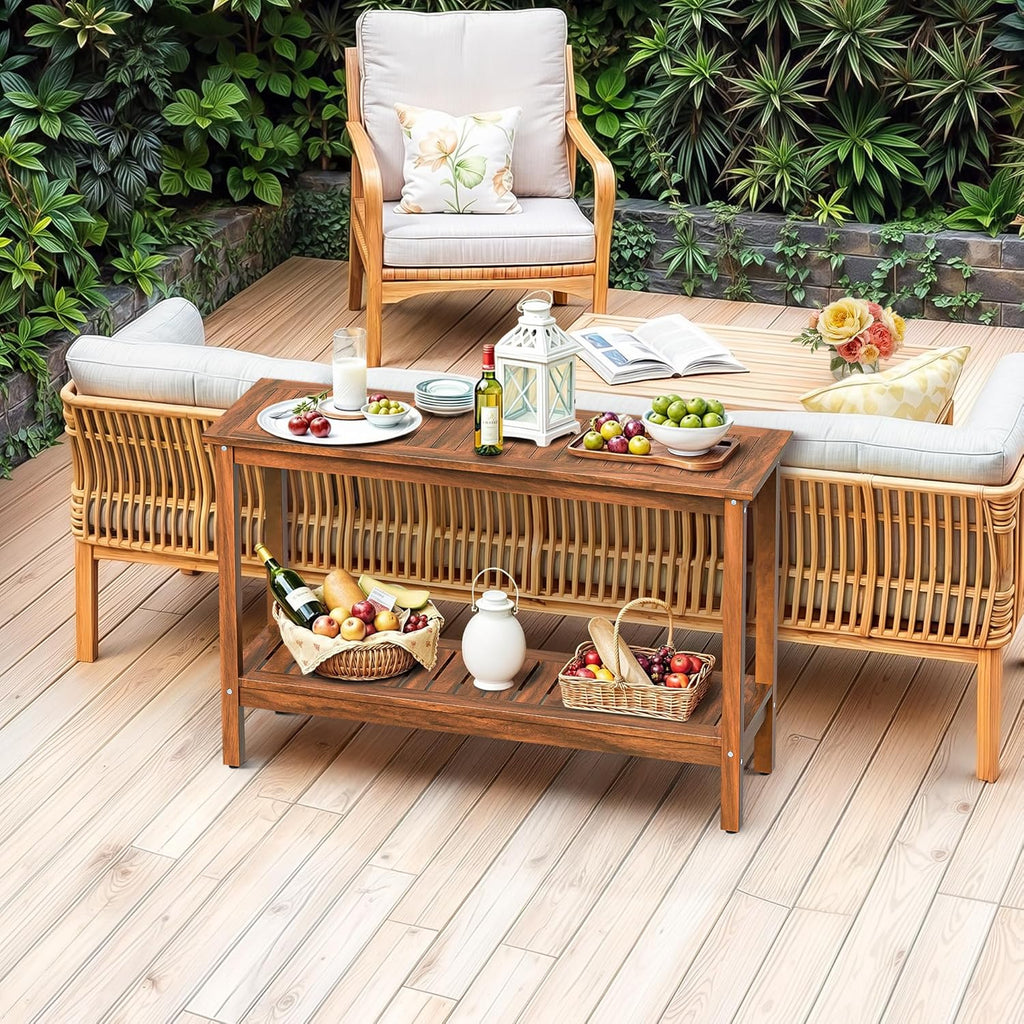 SUPER DEAL 2-Tier Solid Wood Side Table, Outdoor Console Table with Storage Shelf, Adjustable Feet Buffet Bar Organizer for Patio Porch, All-Weather Natural