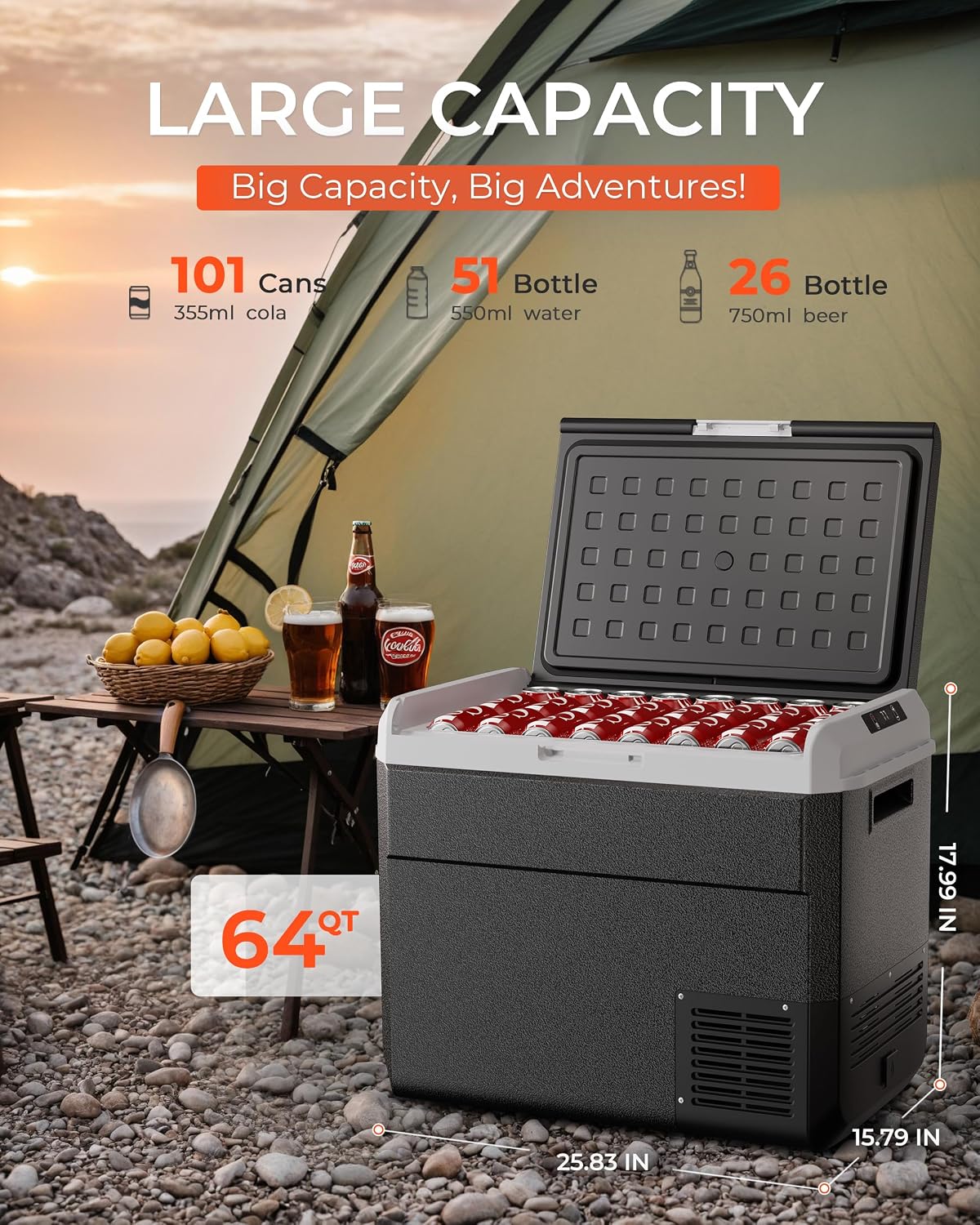 EKOJUCE 12 Volt Refrigerator, 64 Quart Electric Cooler, Car Fridge 12V/24V DC 100~240V AC, Portable Freezer -4℉~68℉, APP Control, Portable 12V Refrigerator Fridge for Truck, RV, Camping,Travel