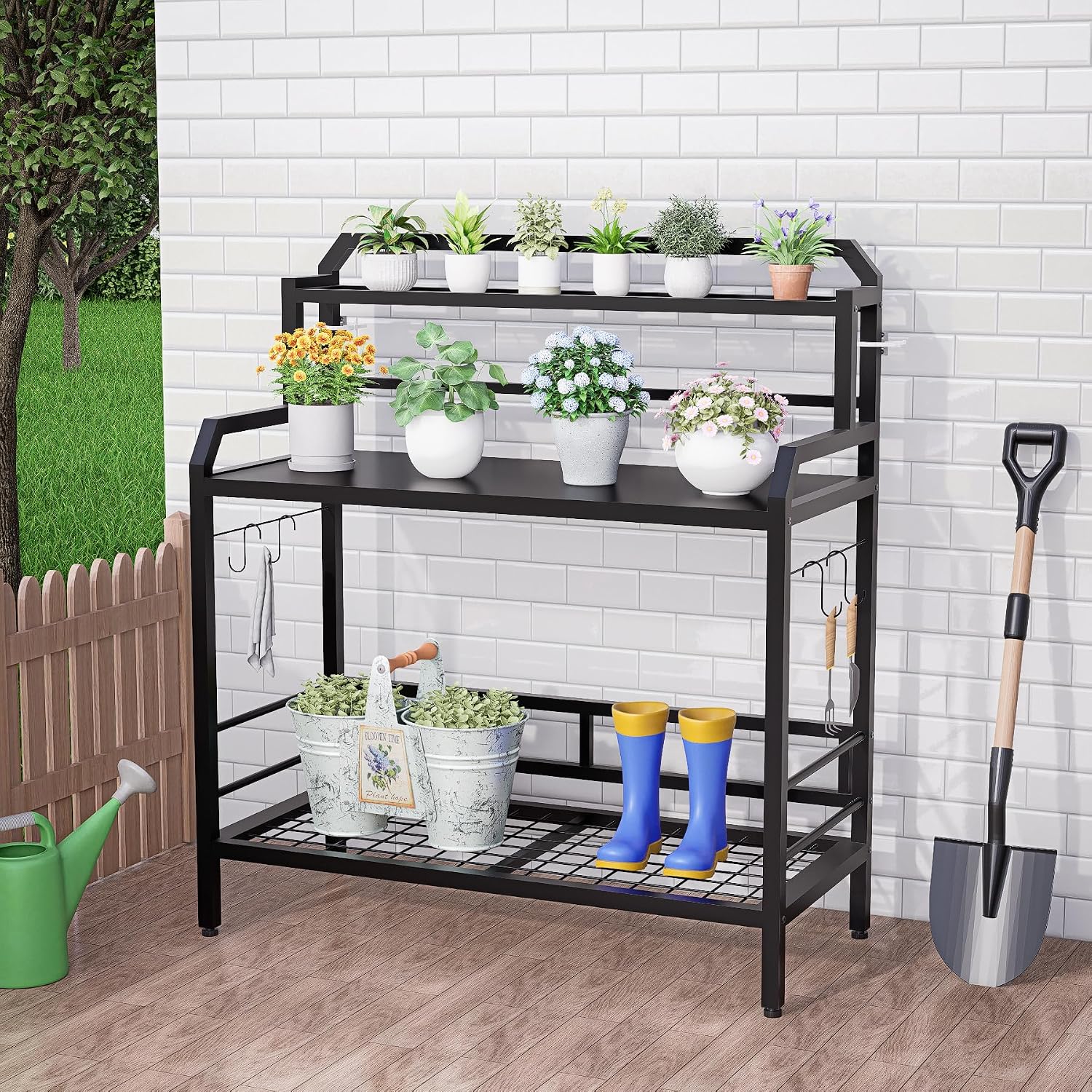 Outdoor Metal Potting Bench Table with Storage,3-Tier Heavy Duty Garden Workbench,All-Weather Gardening Table with 4 Side Hooks,18' D x 39' W x 32' - 47' H,Black