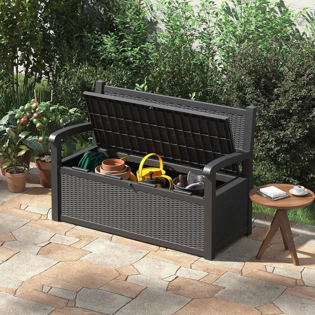 70 Gallon Lockable Outdoor Storage Bench with Armrests | Waterproof Resin Deck Box for Porch, Patio, Pool | Easy to Assemble & Clean - Black
