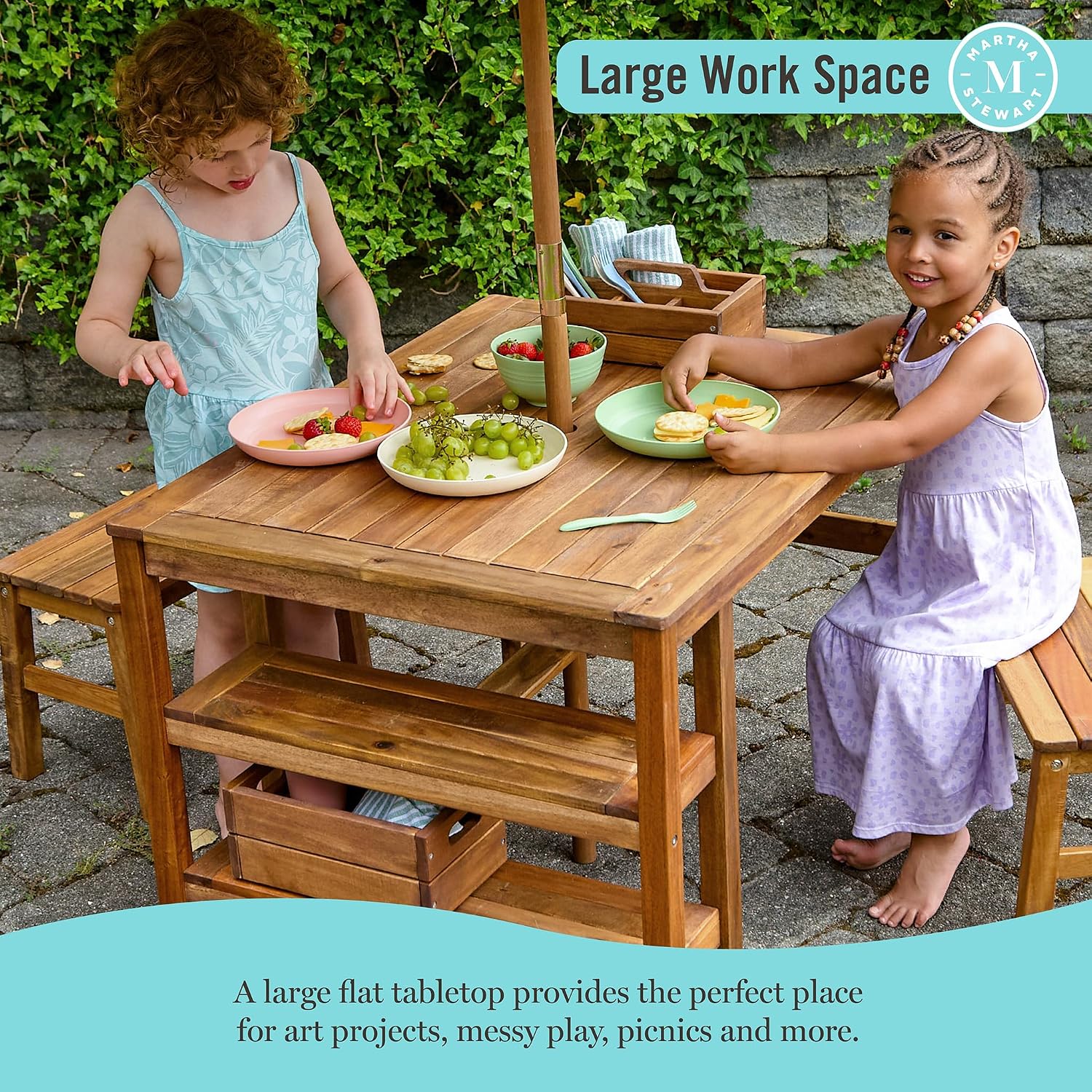 Martha Stewart Kids Outdoor Craft Table, Benches & Umbrella Set: Acacia Wood Activity Desk w/Crate, Caddy, Storage Shelves | Kids Play & Picnic Table w/Benches & Umbrella for Backyard, Patio, Garden