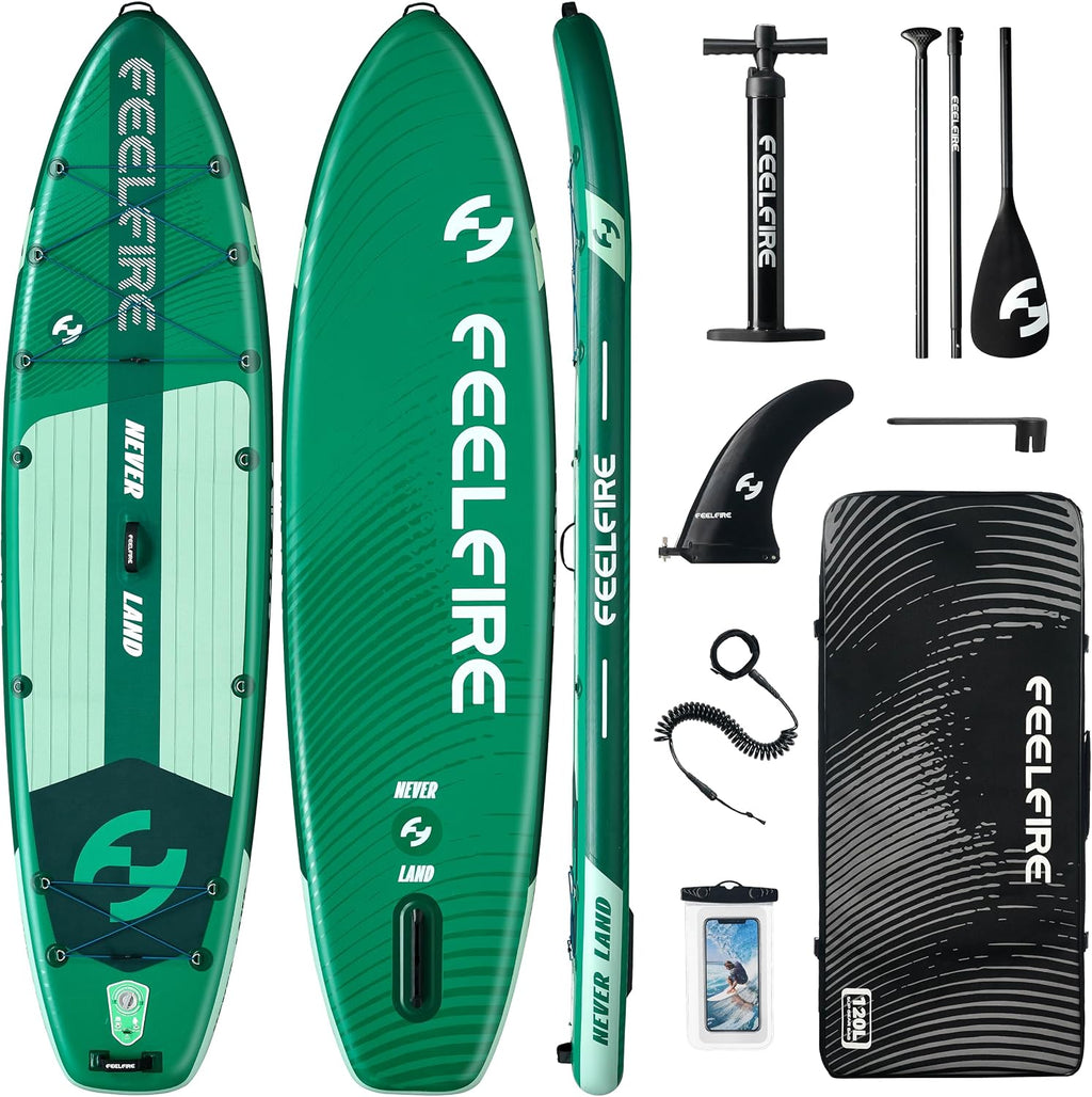 Feelfire11'x34' Extra Wide Inflatable Paddleboard, Stand-up Paddle Board for Adults, 420lb Capacity for Yoga/Fishing/Family, EVA Deck, US Fin, High-Pressure Pump, Storage Backpack, Safety Leash