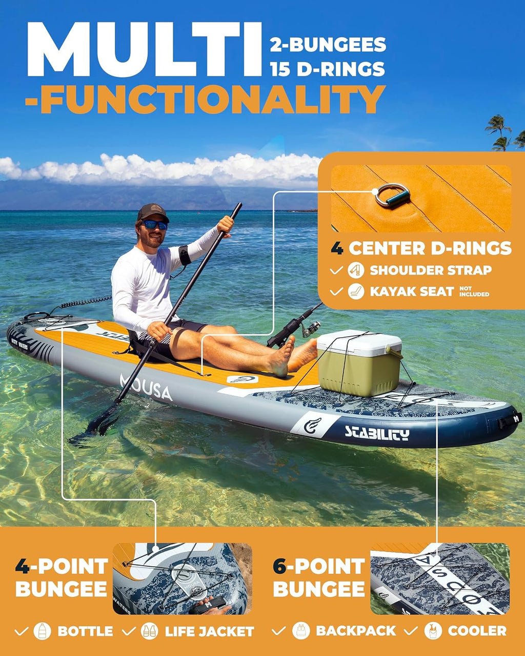 MOUSA 10'8/11'×35' Extra Wide Inflatable Stand Up Paddle Board, Stable Paddleboard SUP for 2 People/Family, Anti-Slip Full EVA Deck, 3 Handles, 100L Backpack, All-Round Sup Board, Big Fin