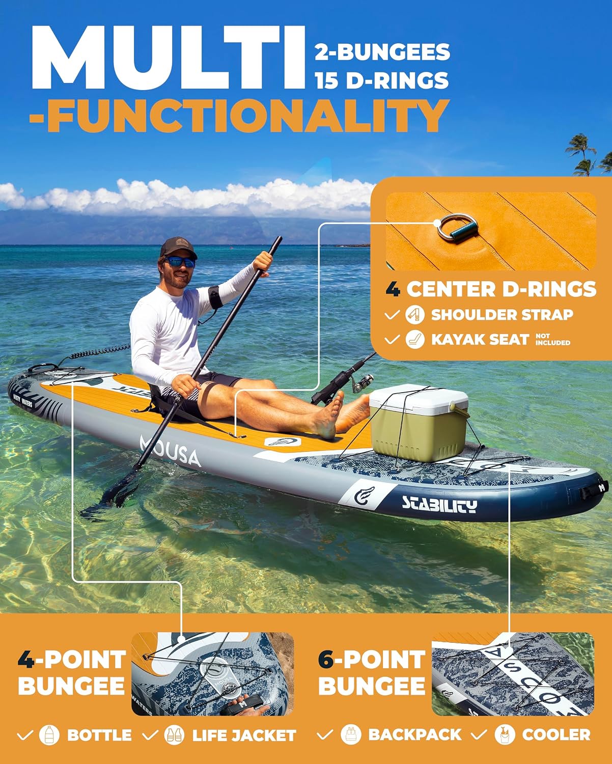 MOUSA 10'8/11'×35' Extra Wide Inflatable Stand Up Paddle Board, Stable Paddleboard SUP for 2 People/Family, Anti-Slip Full EVA Deck, 3 Handles, 100L Backpack, All-Round Sup Board, Big Fin