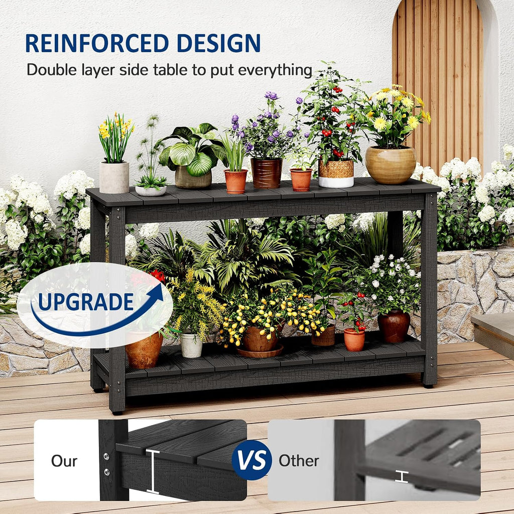 Outdoor Console Table, 48' Weather Resistant HIPS Patio Side Table, 440LBS Weight Capacity, 2-Tier Multifunctional Buffet Bar Storage Organizer for Garden Deck, Black