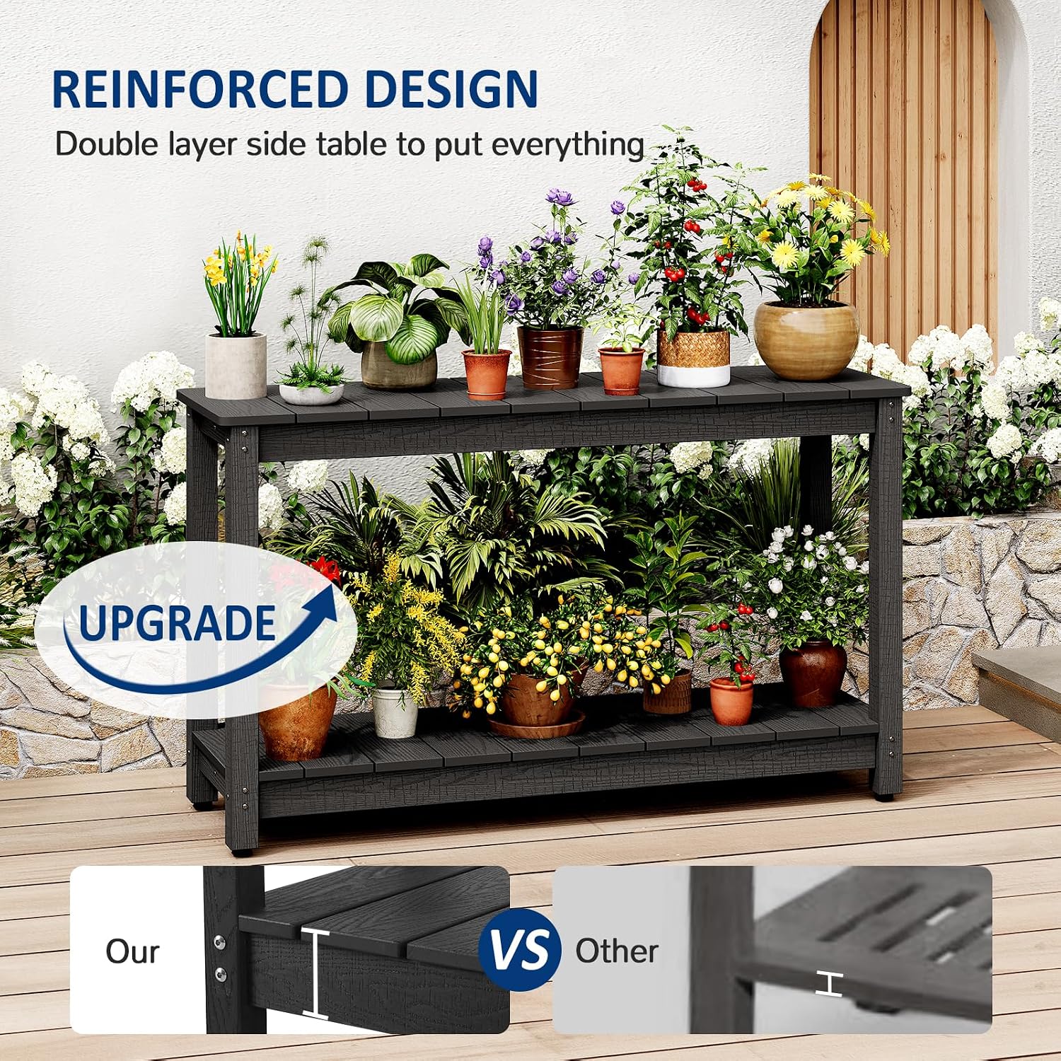 Outdoor Console Table, 48' Weather Resistant HIPS Patio Side Table, 440LBS Weight Capacity, 2-Tier Multifunctional Buffet Bar Storage Organizer for Garden Deck, Black
