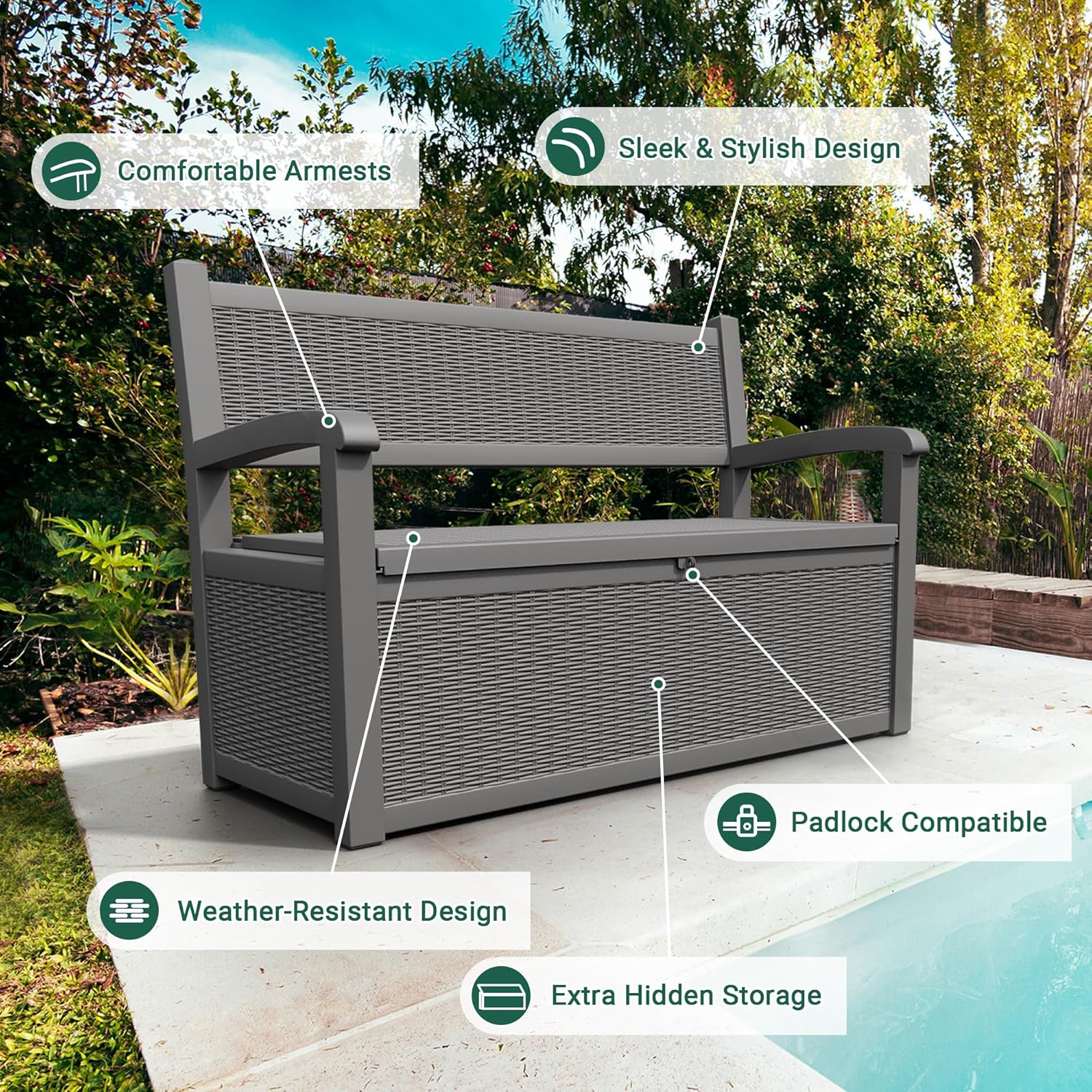 70 Gallon Lockable Outdoor Storage Bench with Armrests | Waterproof Resin Deck Box for Porch, Patio, Pool | Easy to Assemble & Clean - Gray