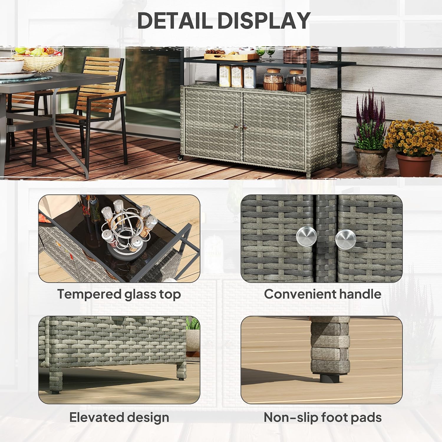 Outsunny PE Rattan Outdoor Storage Cabinet, Wicker Outdoor Bar Table Kitchen Island with Wheels & 2-Tier Shelf, Patio Serving Cart with Glass Top, Handles, Towel Racks for Poolside, Mixed Gray