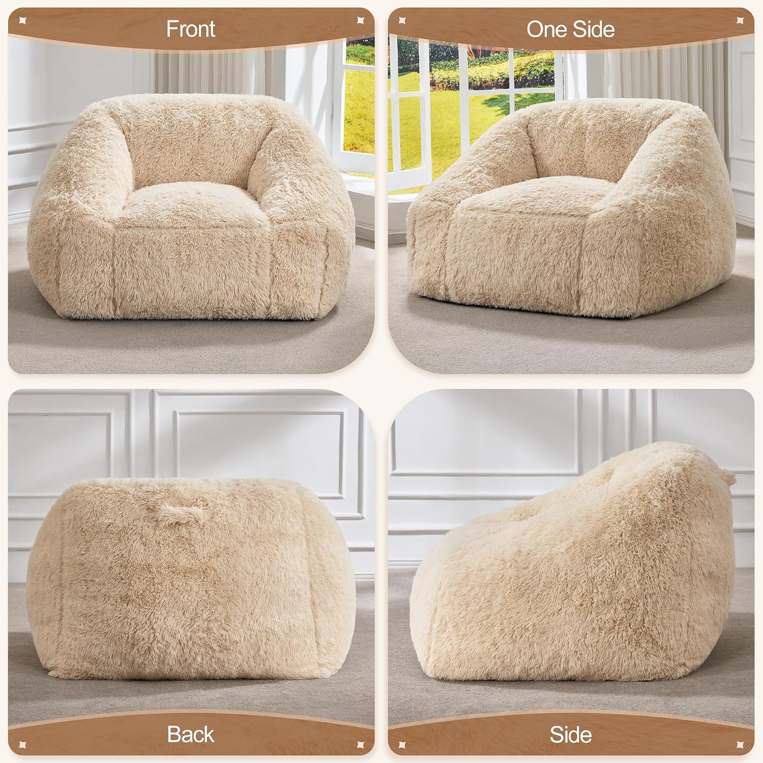 Hobestluk Giant Bean Bag Chair Memory Foam Filled Sofa Chair Bean Bag for Adults/Teens/Kids, Plush Fur Oversized Lazy Sofa for Living Room Bedroom Dorm(Beige)