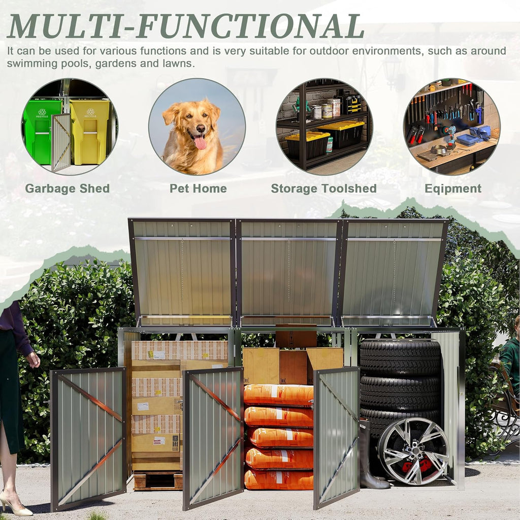 83 Cu Ft Outdoor Storage Shed, Metal Garbage Tool Trash Can Storage, Stainless Galvanized Steel, Pneumatic Support Rod, Bike Storage Shed for 3 Trash Bins (Light Gray+3 Trash Can)