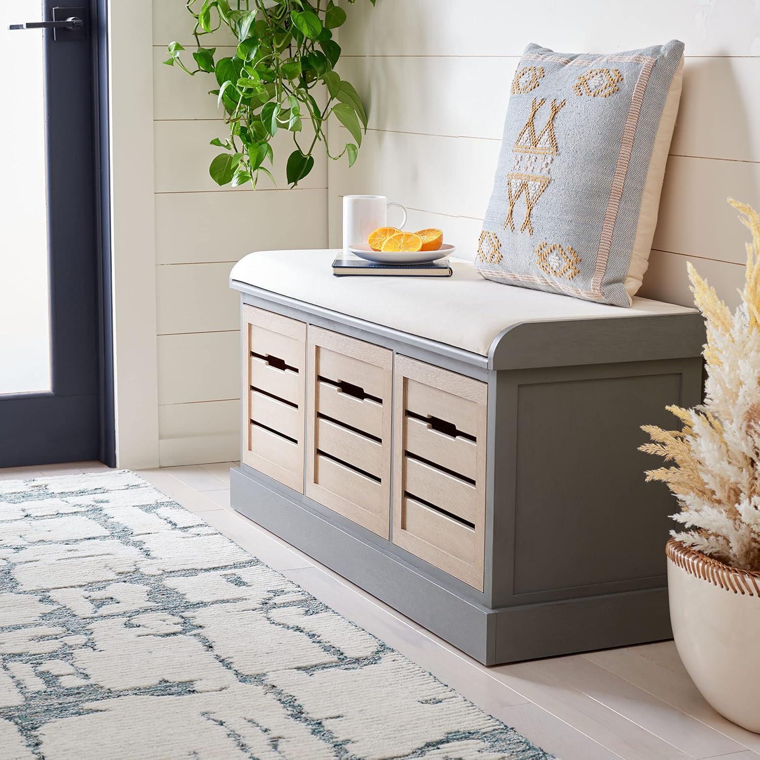 SAFAVIEH Home Collection – Briar 3-Drawer Upholstered Storage Bench, Farmhouse Entryway Accent Bench with Cushion Top, Distressed Grey Frame & Sand Drawer Fronts (BCH5700C)