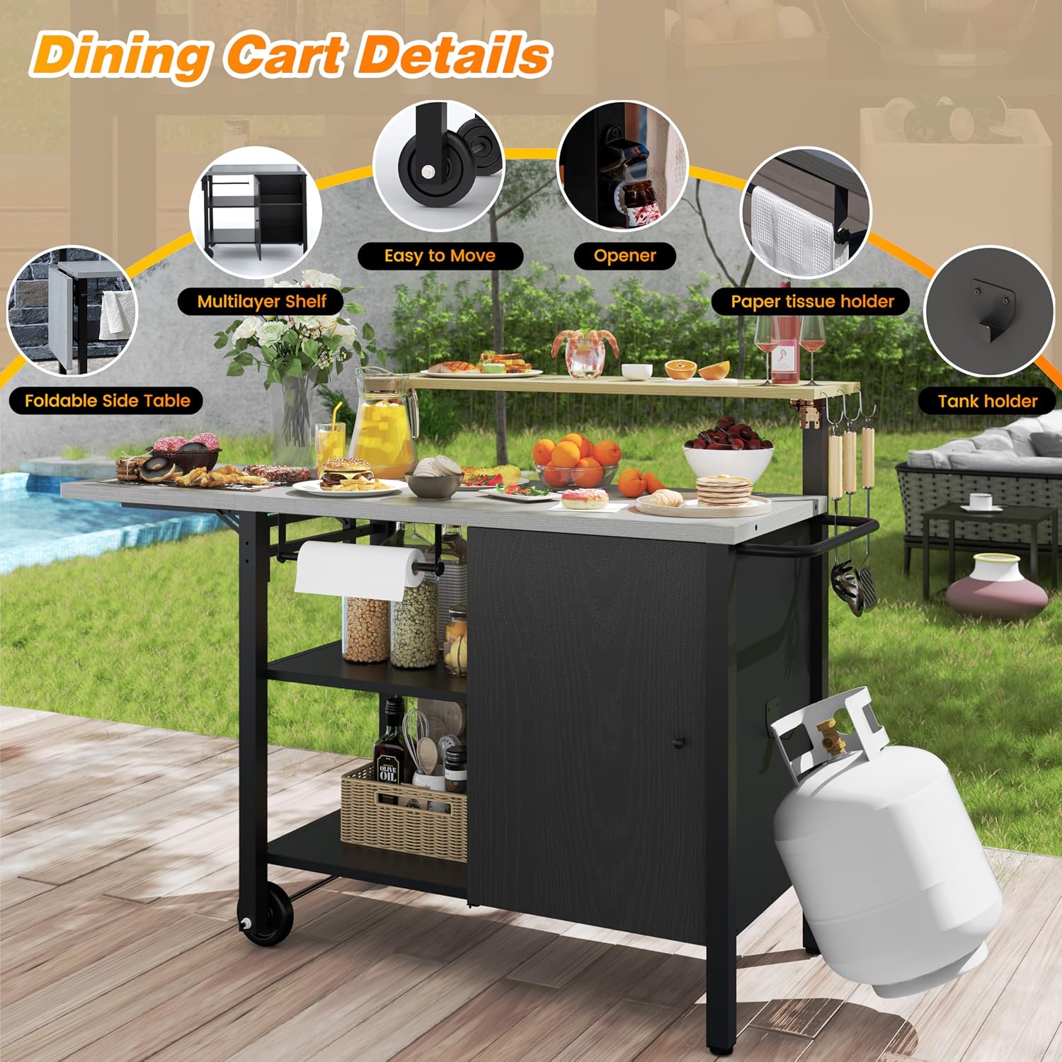 Sundale Outdoor Girll Cart with Stainless Steel Top & Storage Cabinet, Movable Multi Layer Food Pre Table with Side Shelf for Pizza Oven, BBQ, Outdoor Kitchen Island for Parties