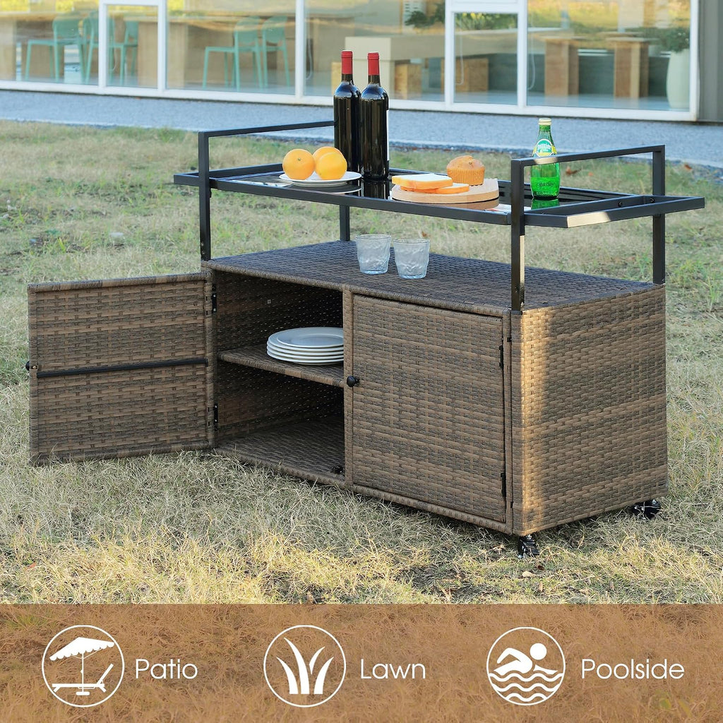 HOMEFUN Outdoor Bar Cart Table - Patio Console Storage Cabinet BBQ Grill Carts Buffet with Wheels Waterproof Wicker Serving Tables for Outside, Brown
